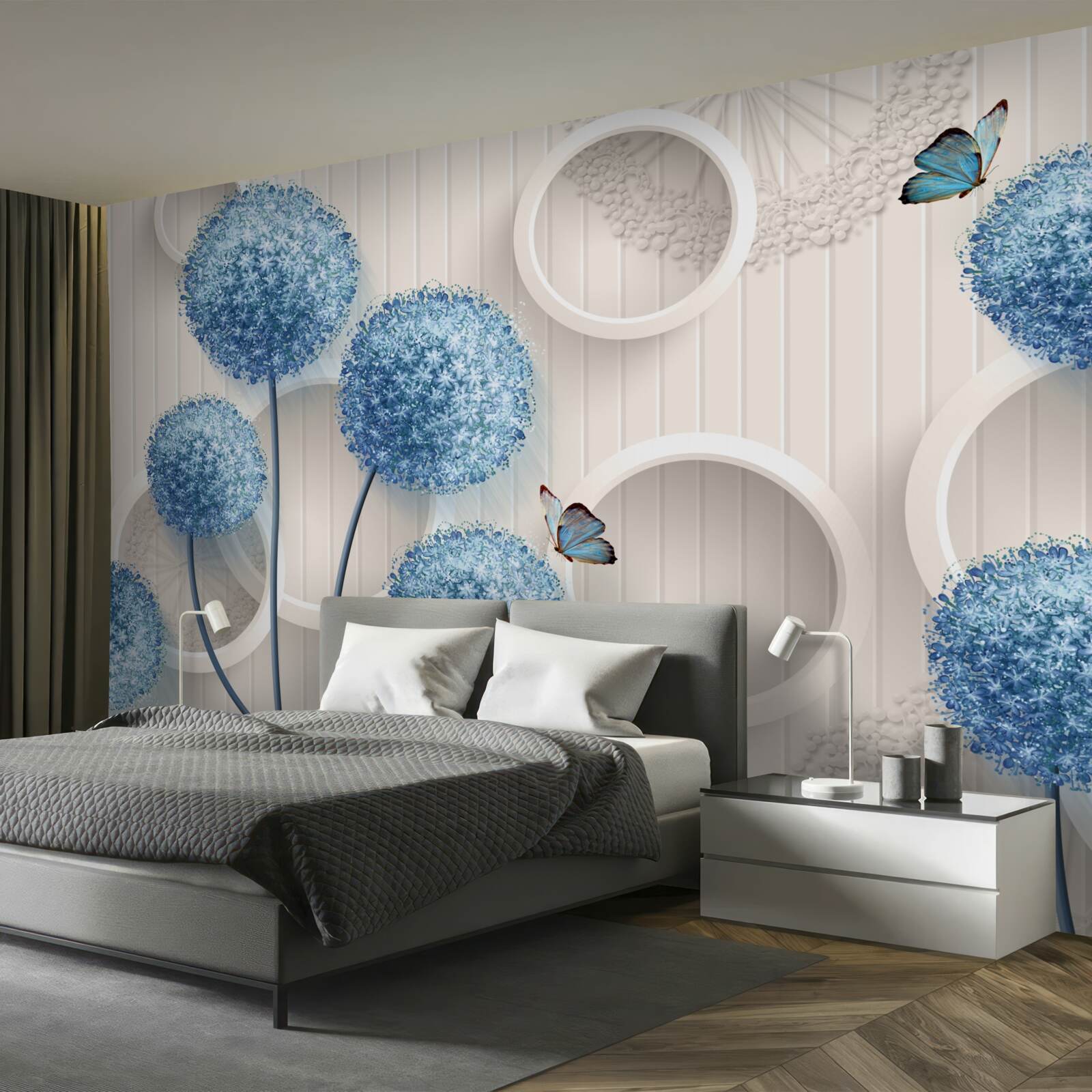 Фотошпалери на білому тлі зображені метелики та блакитні квіти