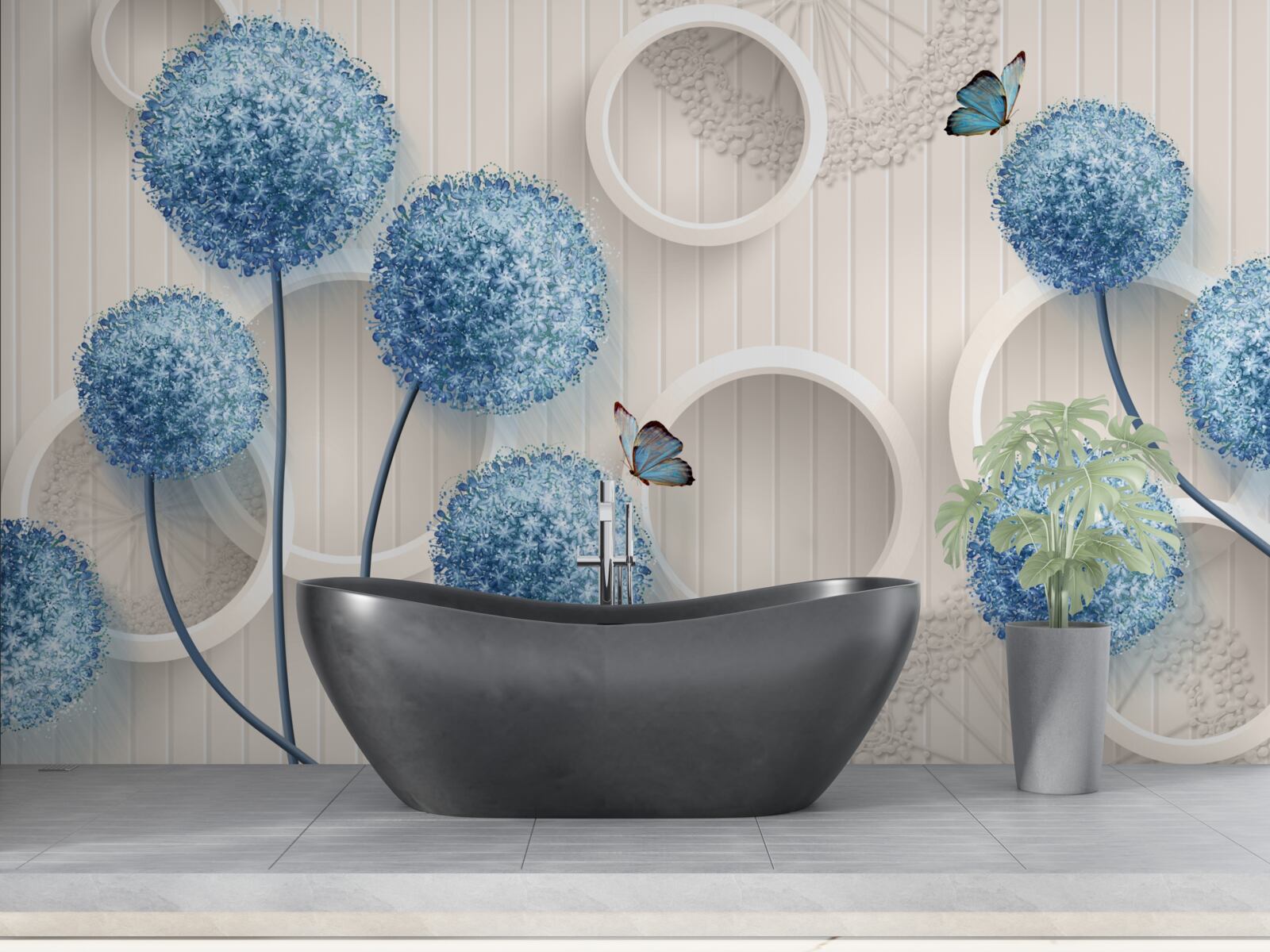 Фотошпалери на білому тлі зображені метелики та блакитні квіти