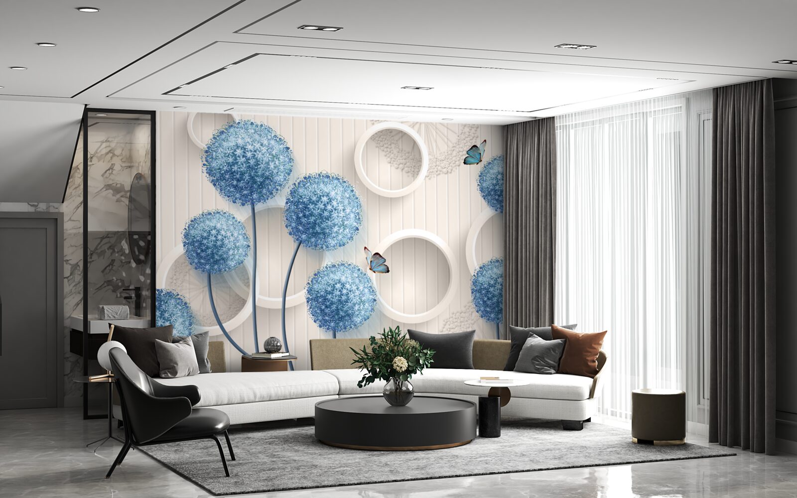 Фотошпалери на білому тлі зображені метелики та блакитні квіти