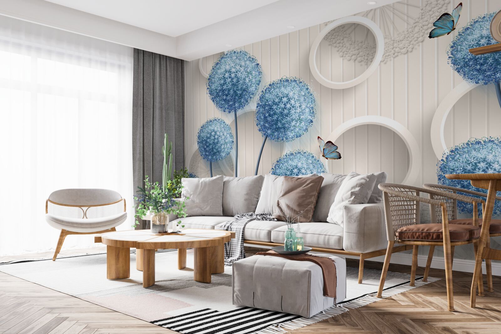 Фотошпалери на білому тлі зображені метелики та блакитні квіти