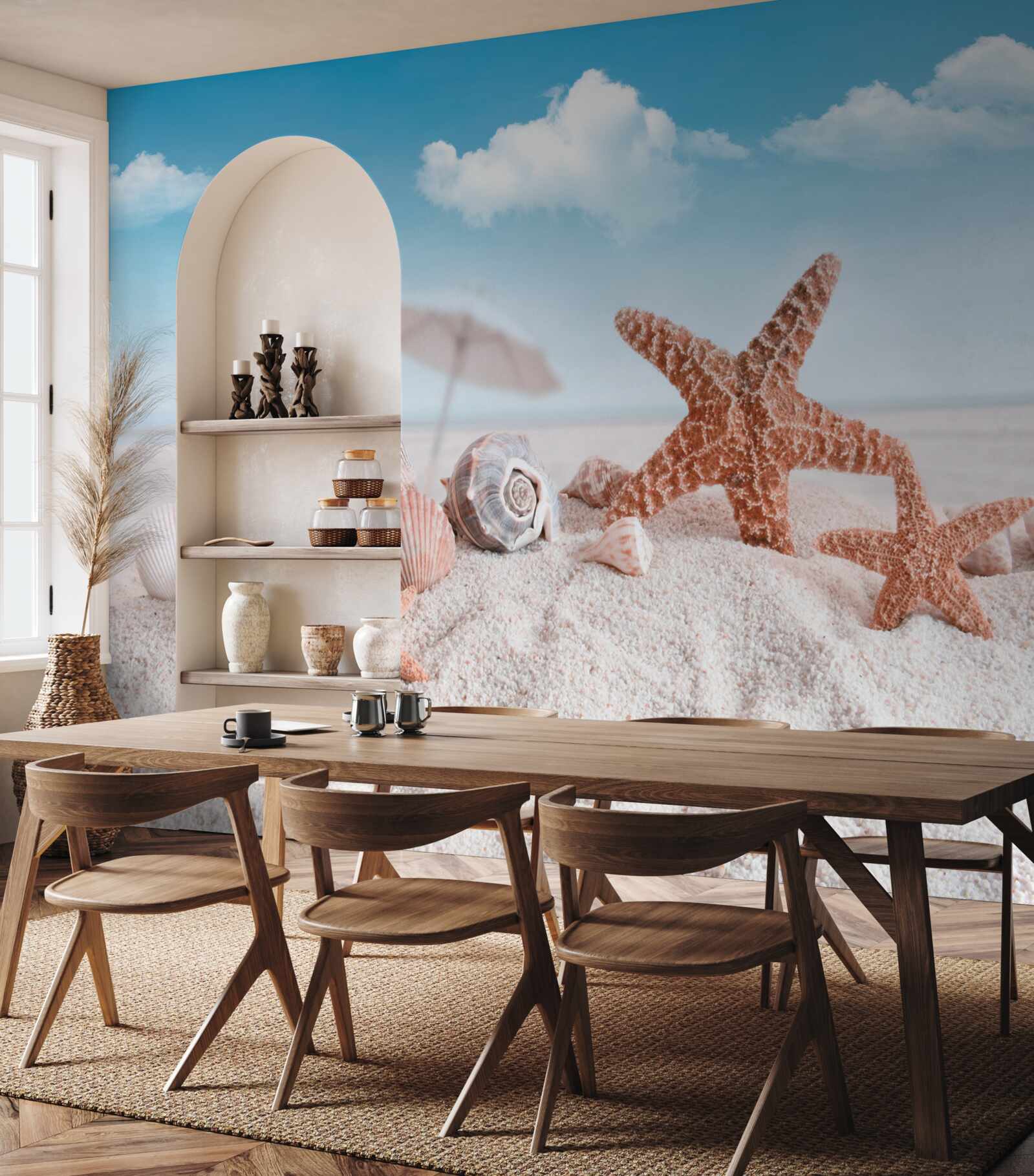 Фотошпалери мушлі ракоподібних на піщаному узбережжі