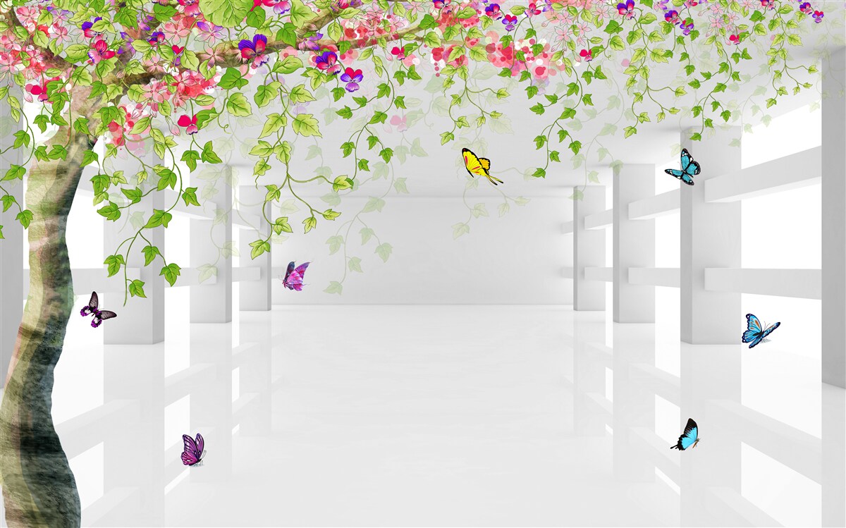 Фотошпалери метелики блукають по квітучому дереву в коридорі