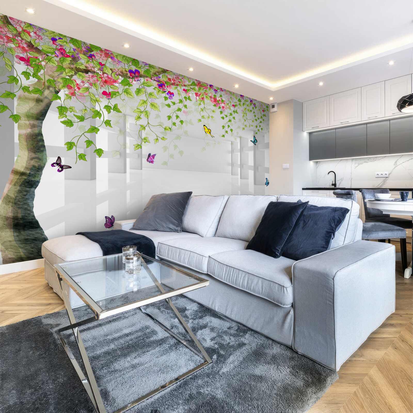 Фотошпалери метелики блукають по квітучому дереву в коридорі