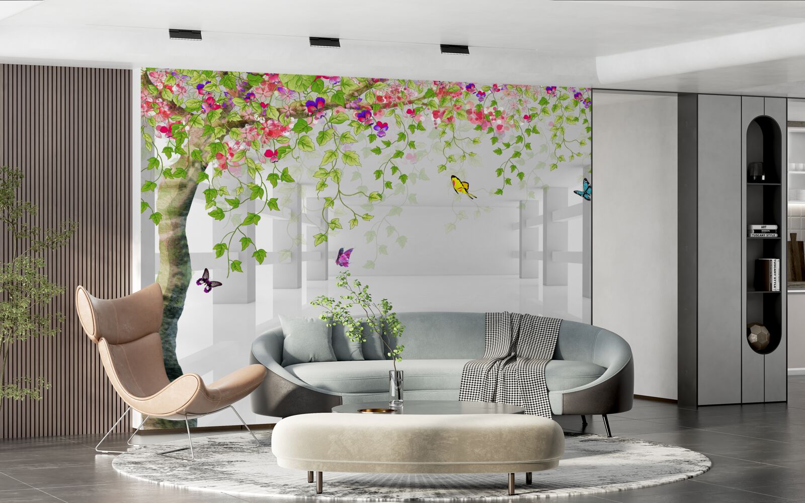 Фотошпалери метелики блукають по квітучому дереву в коридорі