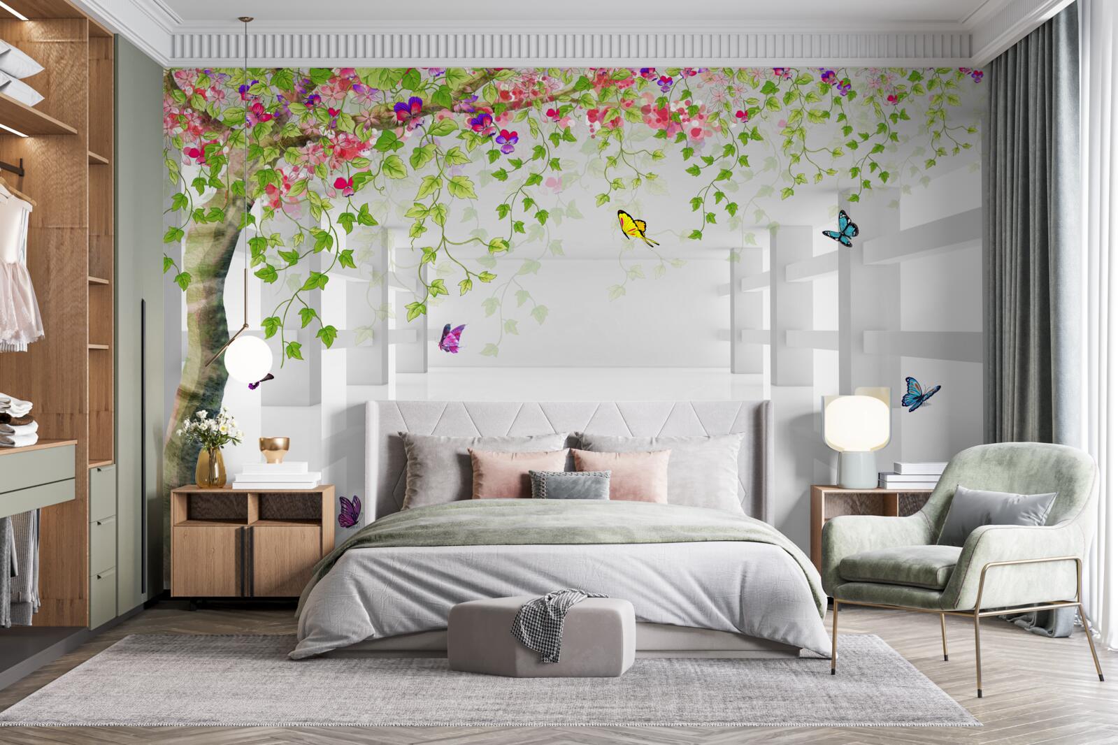 Фотошпалери метелики блукають по квітучому дереву в коридорі