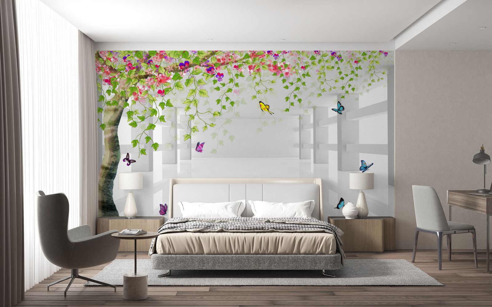 Фотошпалери метелики блукають по квітучому дереву в коридорі