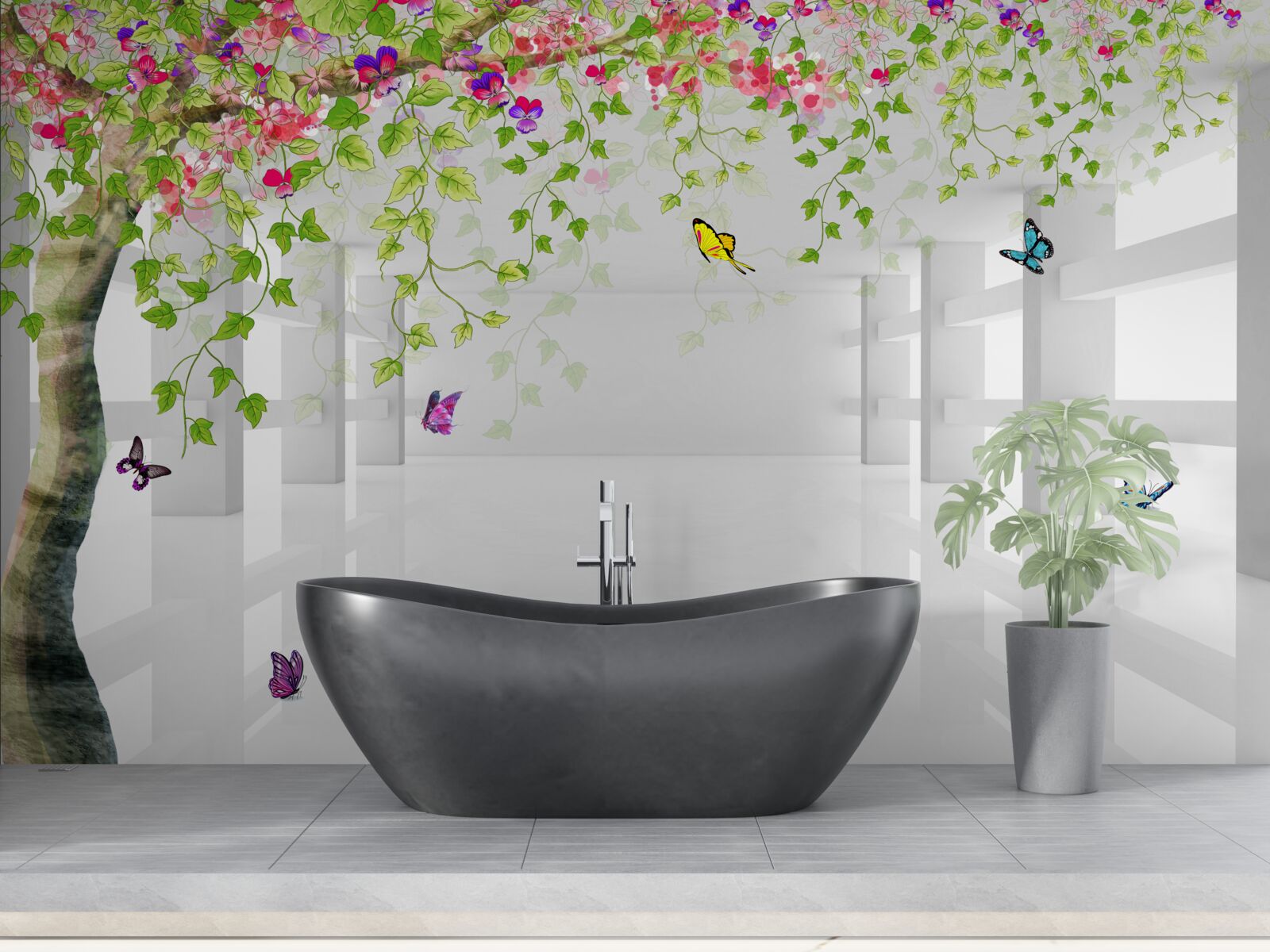 Фотошпалери метелики блукають по квітучому дереву в коридорі