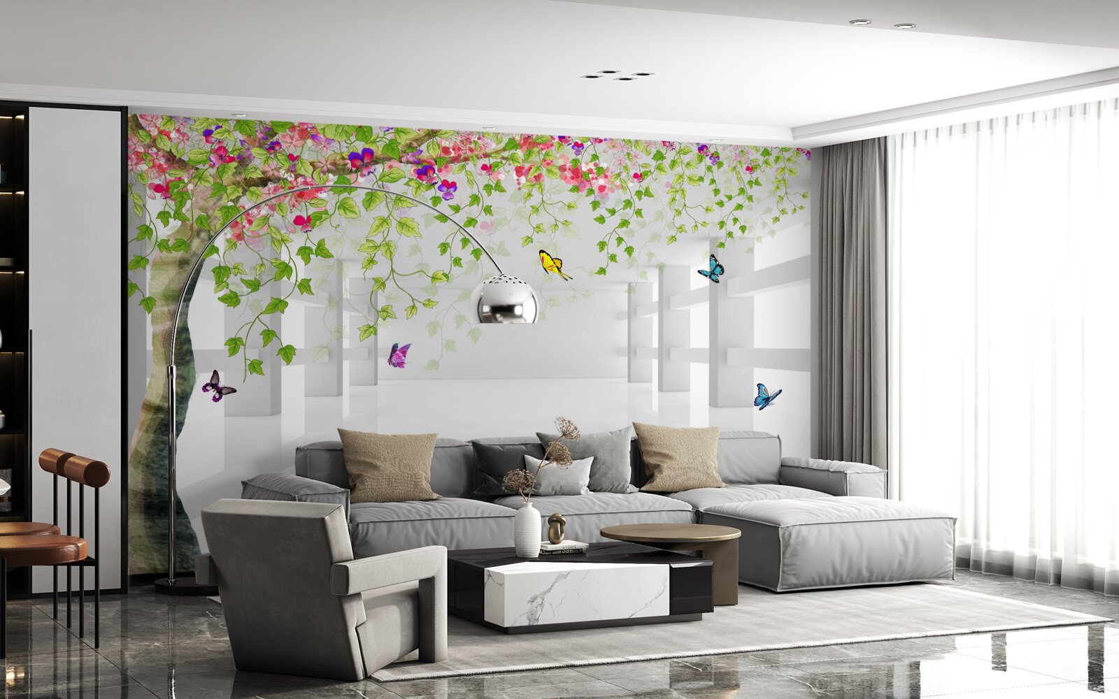 Фотошпалери метелики блукають по квітучому дереву в коридорі