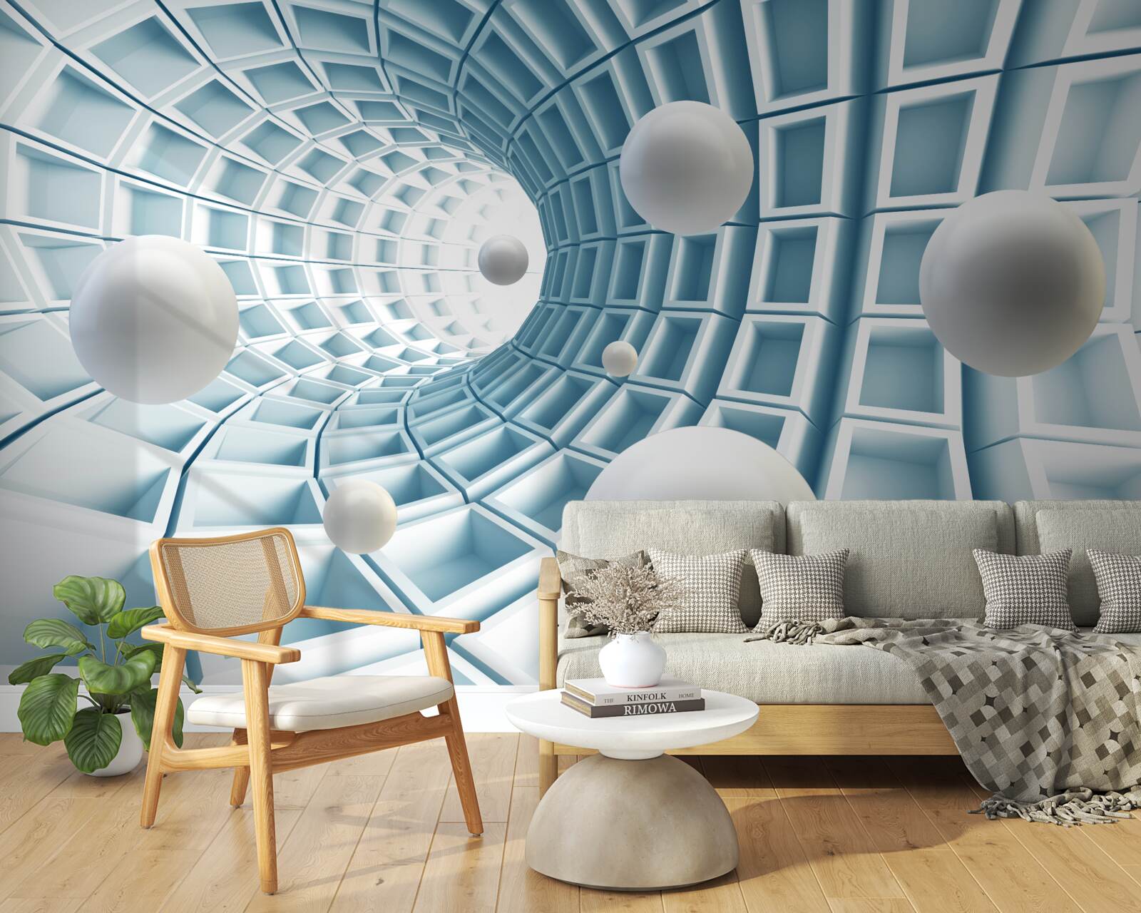 Фотошпалери кулі світла пливуть у вицвітаючому блакитному коридорі