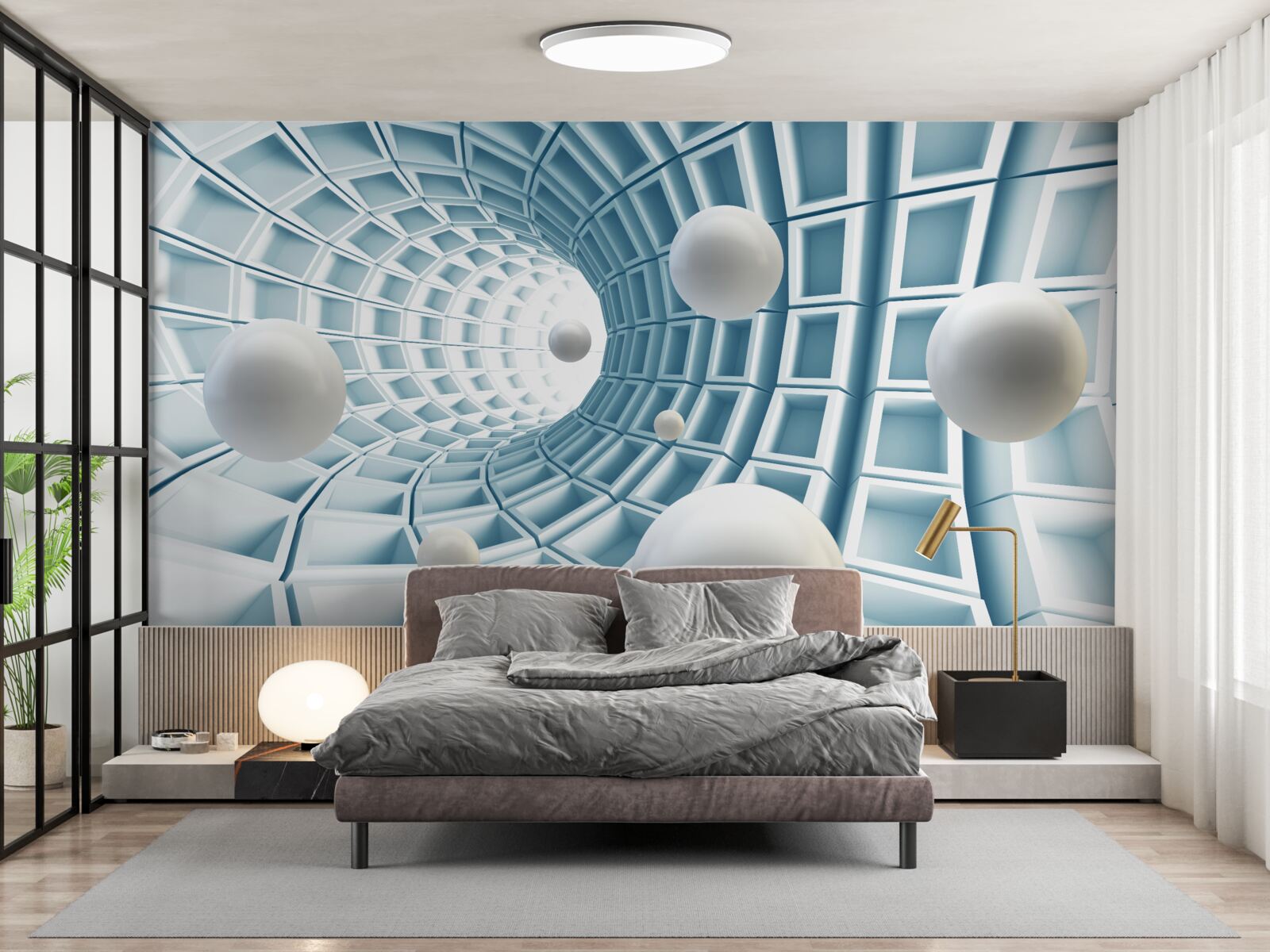 Фотошпалери кулі світла пливуть у вицвітаючому блакитному коридорі