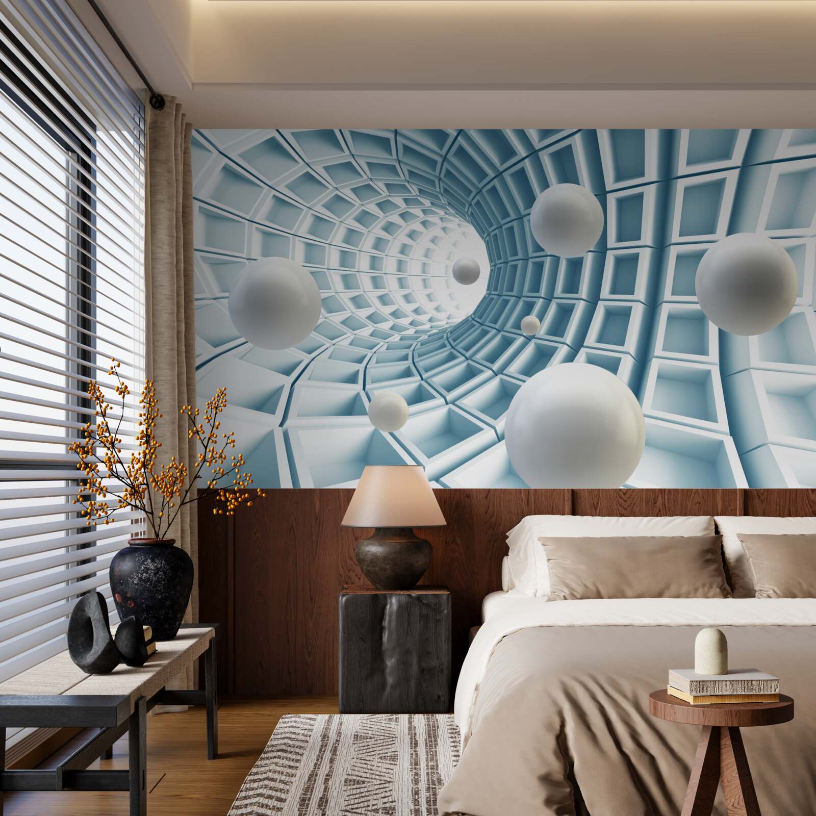 Фотошпалери кулі світла пливуть у вицвітаючому блакитному коридорі