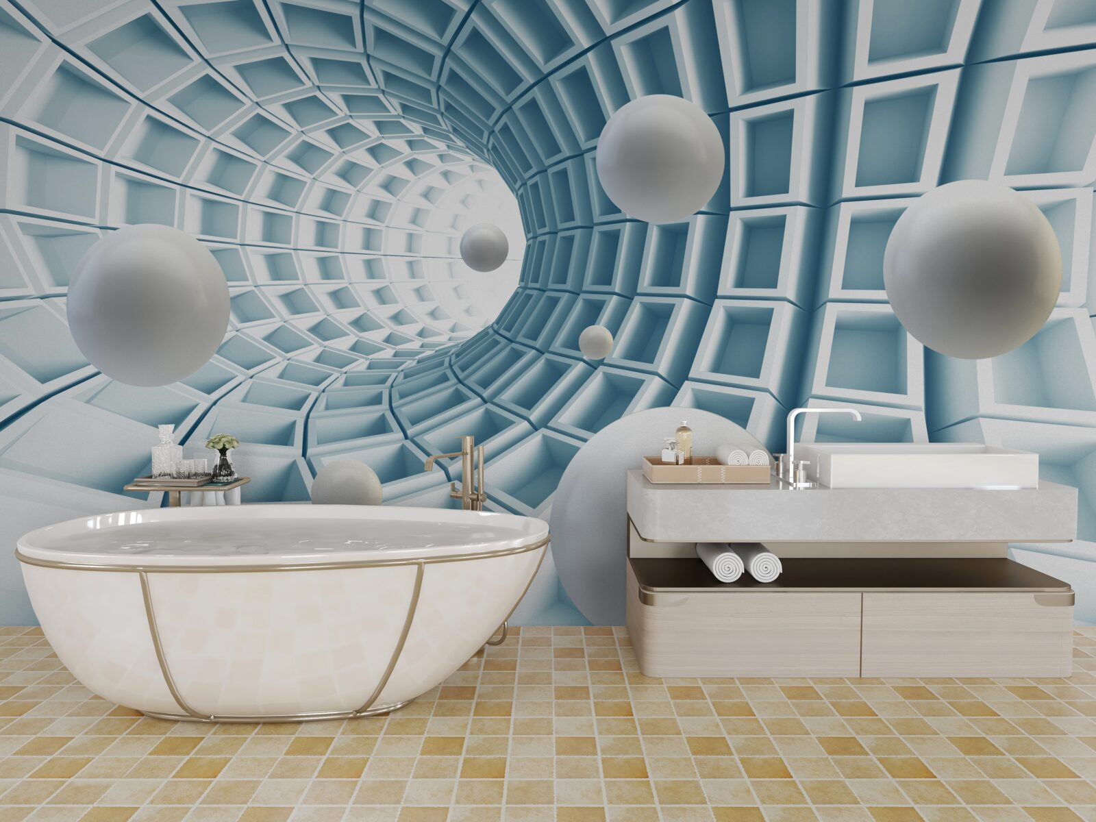 Фотошпалери кулі світла пливуть у вицвітаючому блакитному коридорі