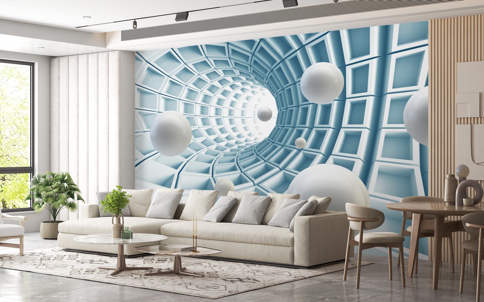 Фотошпалери кулі світла пливуть у вицвітаючому блакитному коридорі