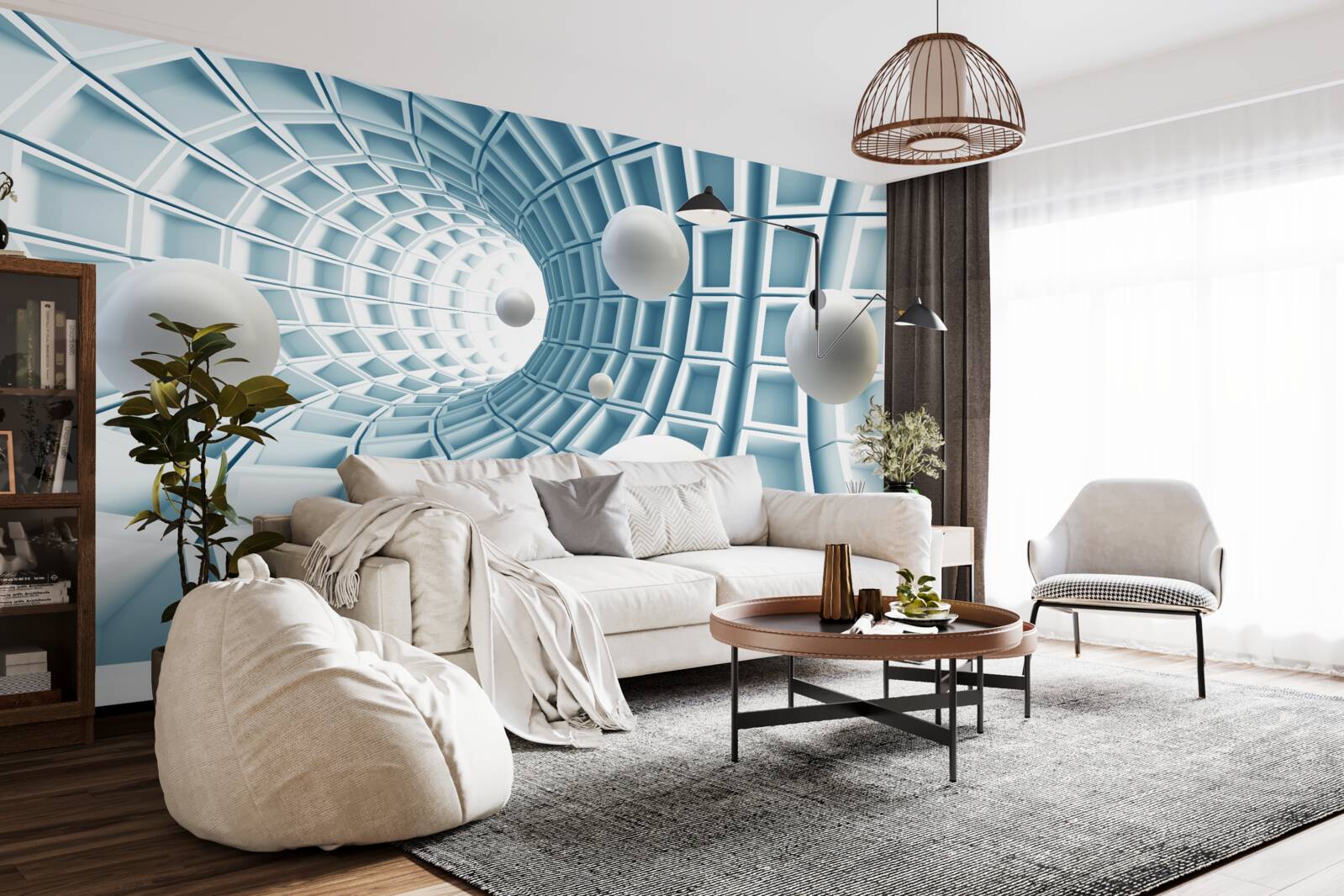 Фотошпалери кулі світла пливуть у вицвітаючому блакитному коридорі