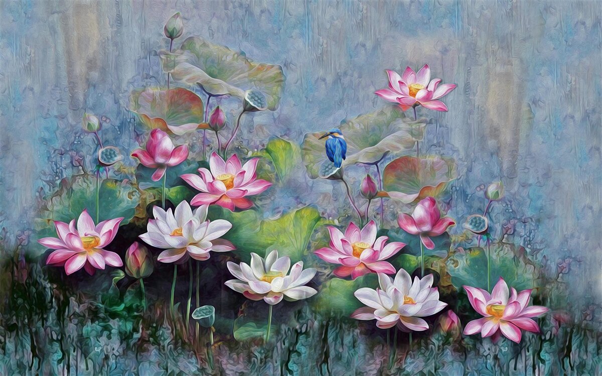 Фотошпалери синій птах серед латаття