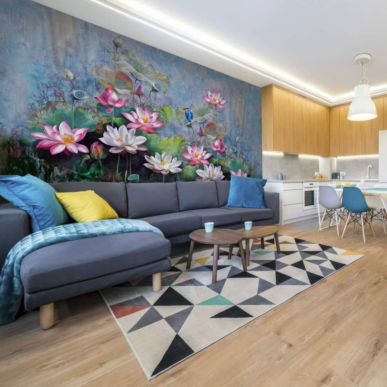 Фотошпалери синій птах серед латаття