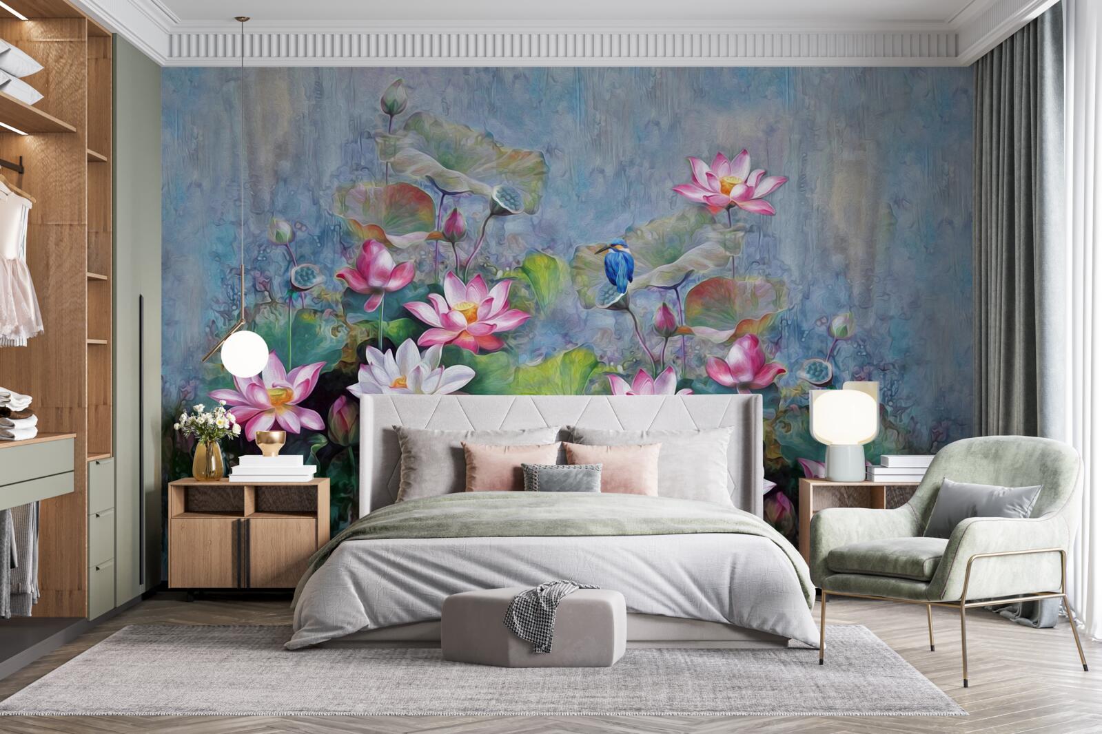 Фотошпалери синій птах серед латаття