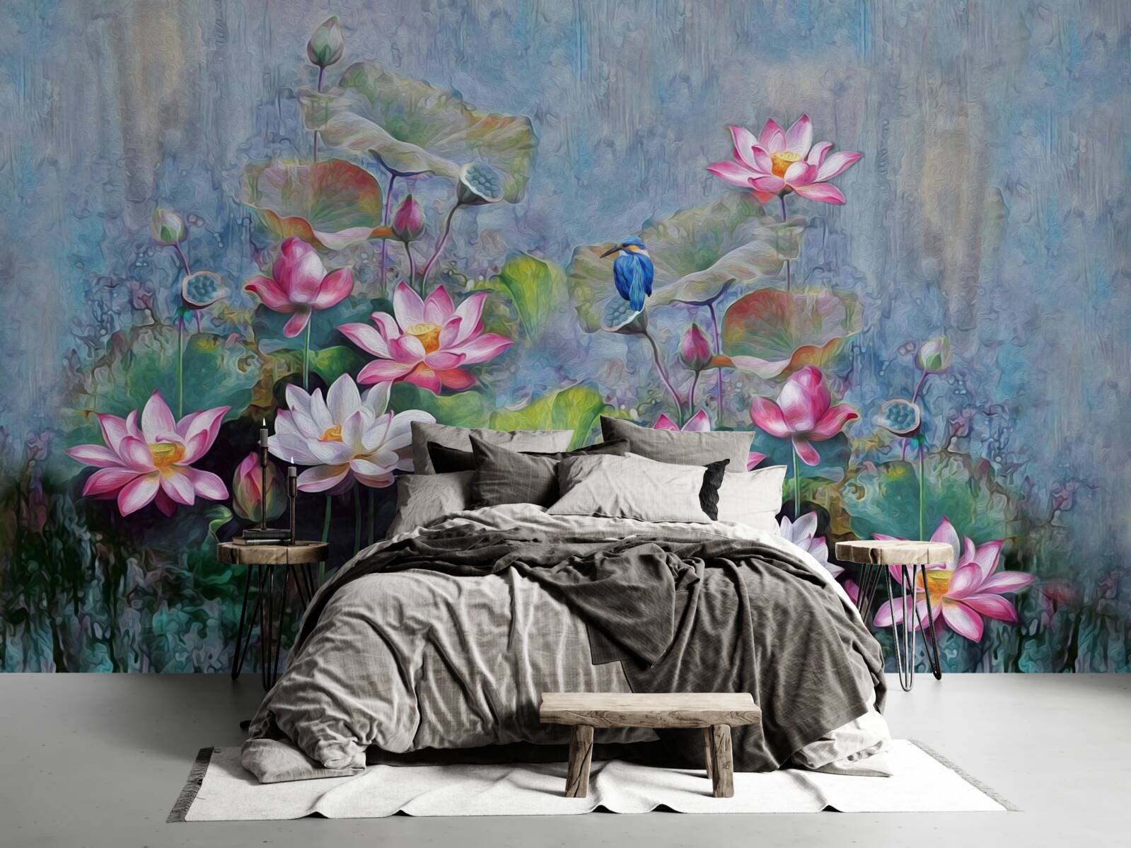 Фотошпалери синій птах серед латаття