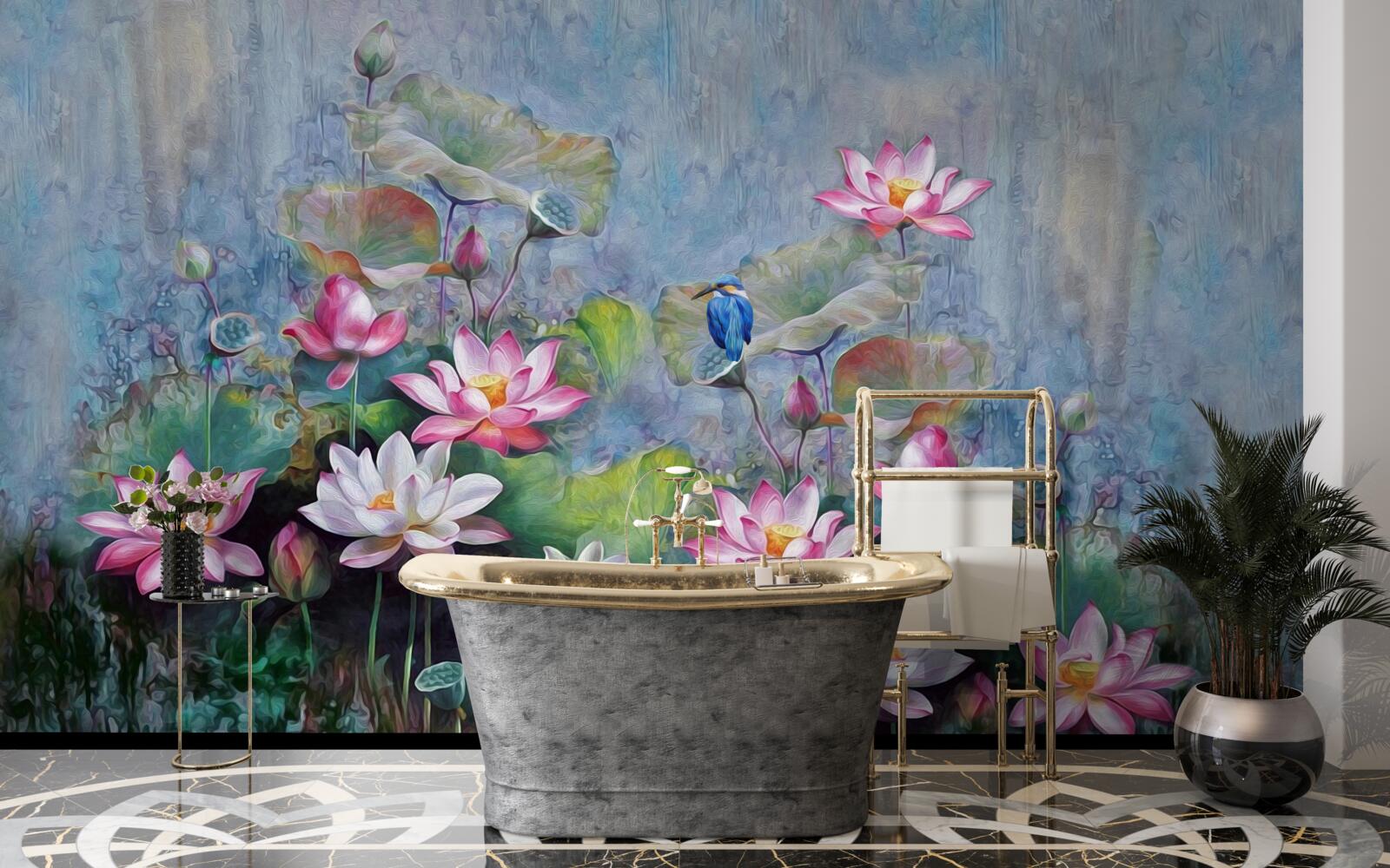 Фотошпалери синій птах серед латаття