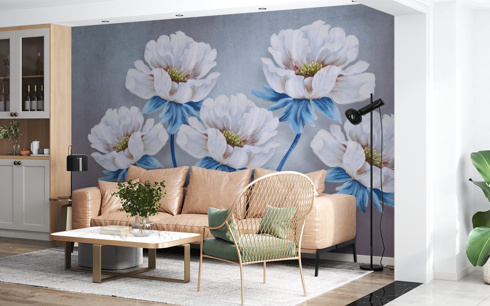 Фотошпалери квітки білі з блакитним відтінком