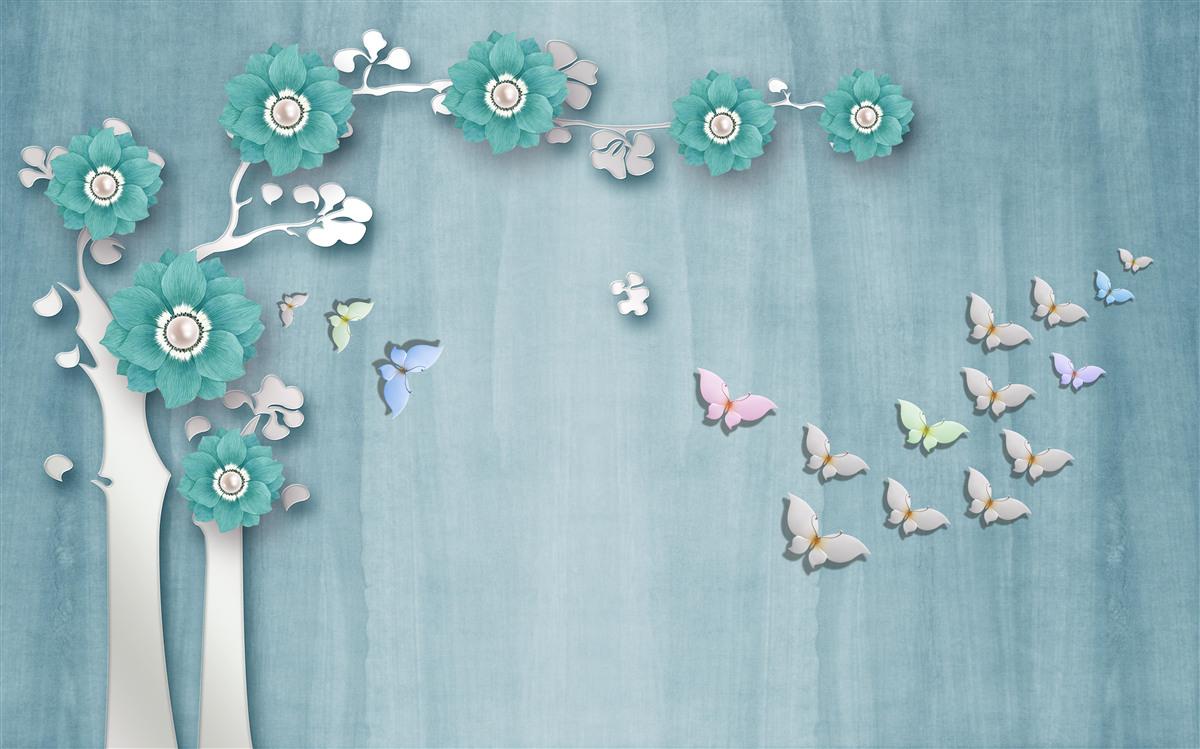 Фотошпалери метелики та зелені квіти, що прикрашають дерево
