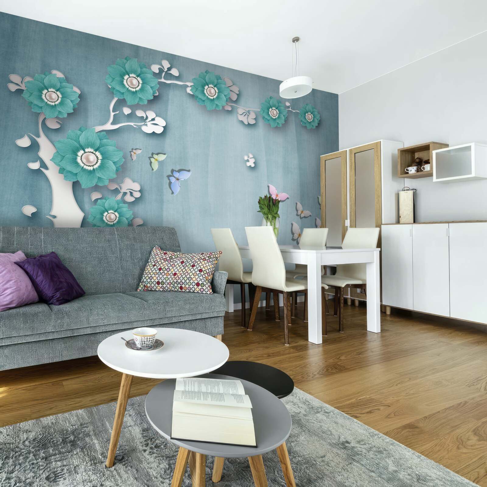 Фотошпалери метелики та зелені квіти, що прикрашають дерево