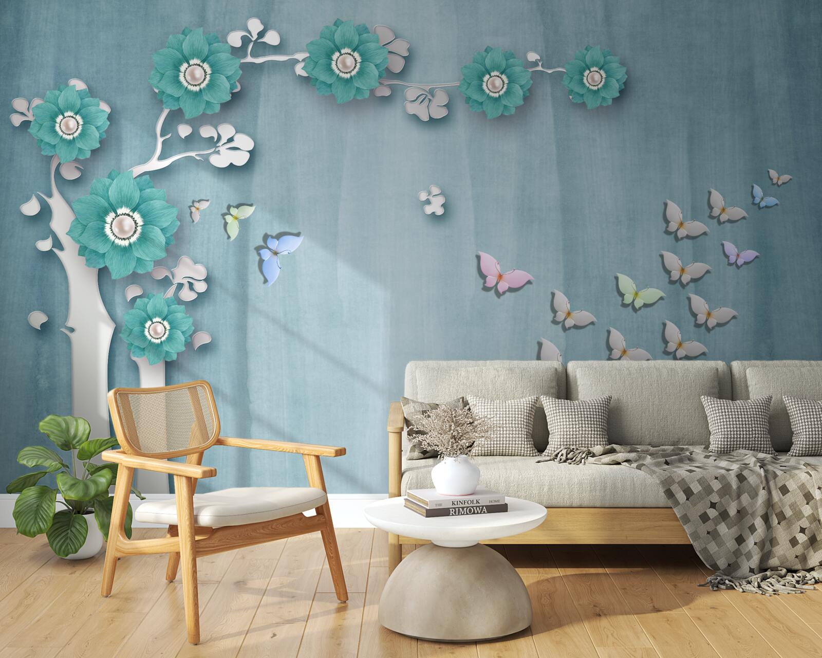 Фотошпалери метелики та зелені квіти, що прикрашають дерево