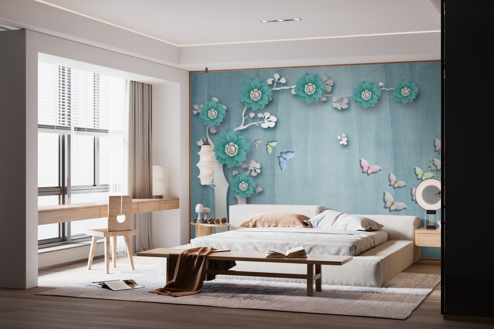 Фотошпалери метелики та зелені квіти, що прикрашають дерево