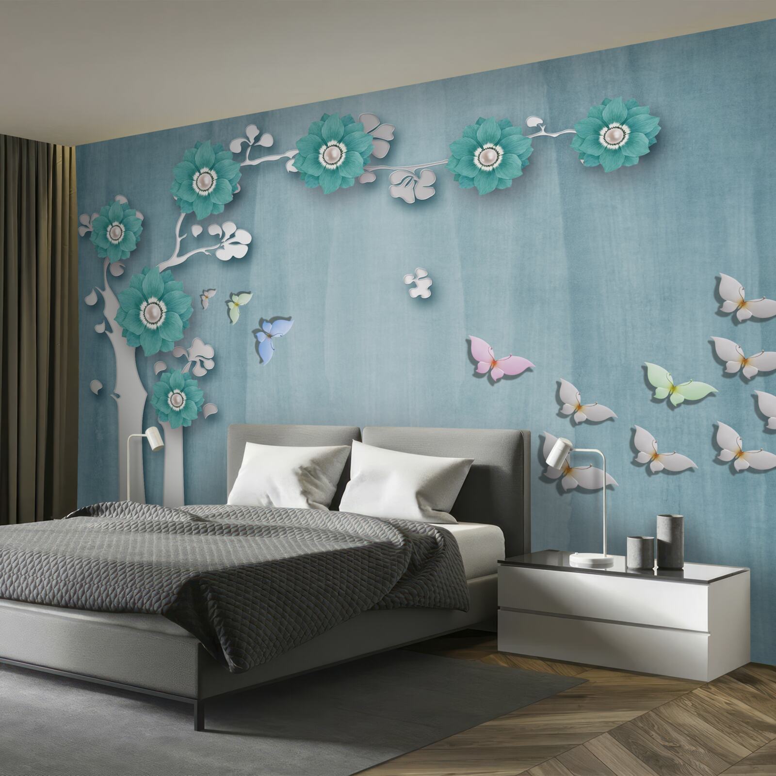 Фотошпалери метелики та зелені квіти, що прикрашають дерево