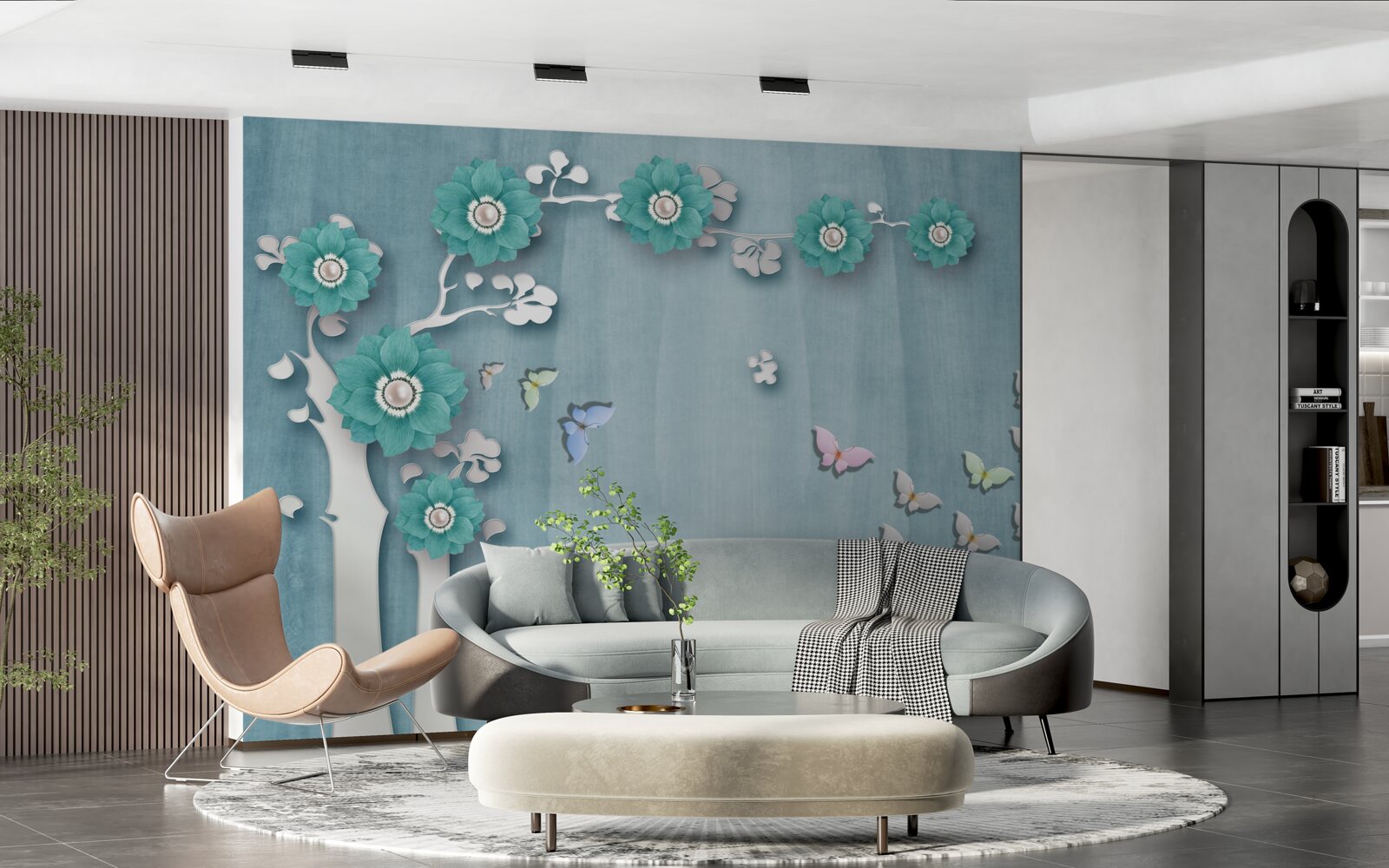 Фотошпалери метелики та зелені квіти, що прикрашають дерево