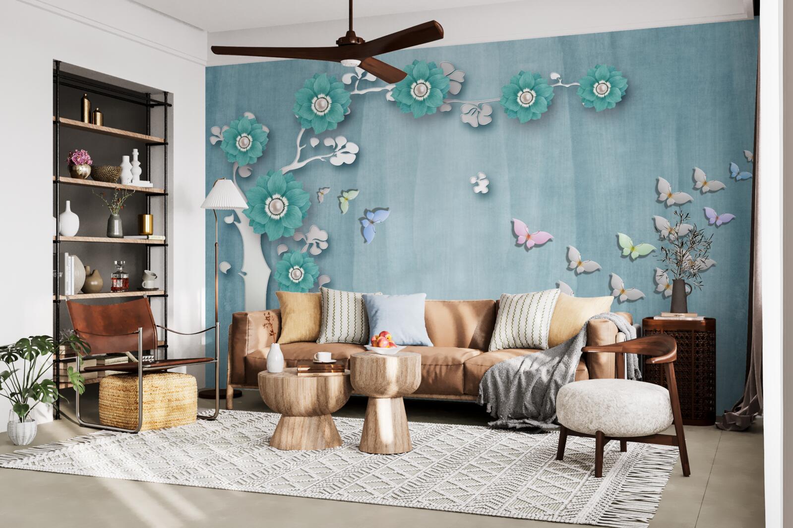 Фотошпалери метелики та зелені квіти, що прикрашають дерево