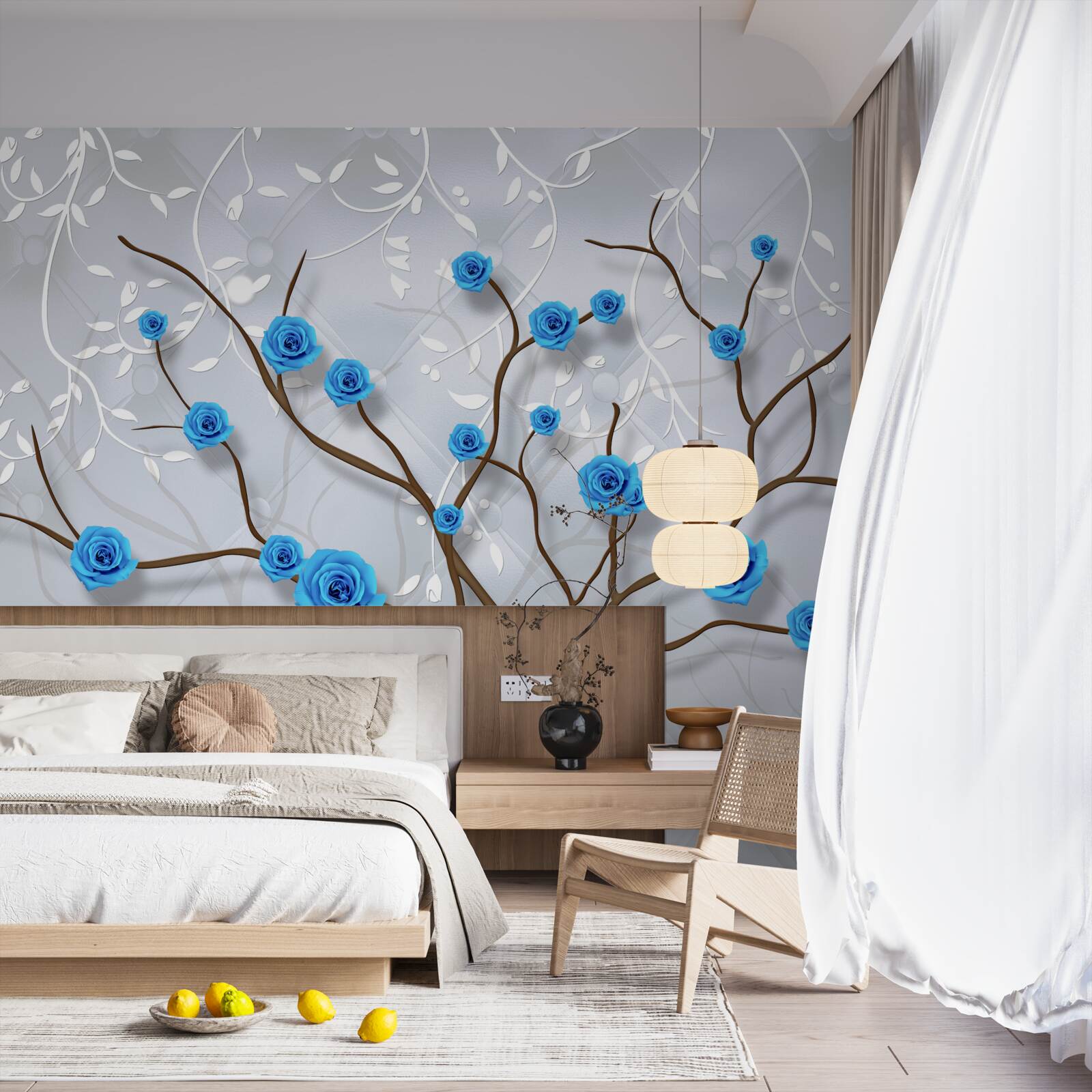 Фотошпалери рожеве дерево з блакитними квітами