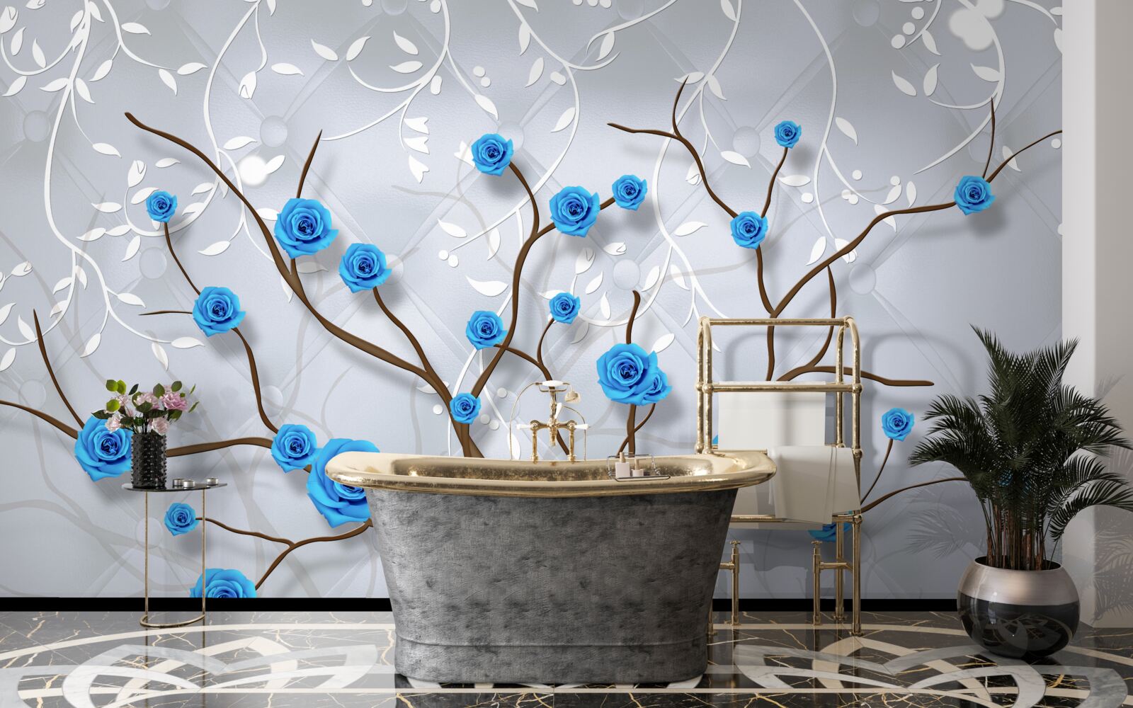 Фотошпалери рожеве дерево з блакитними квітами