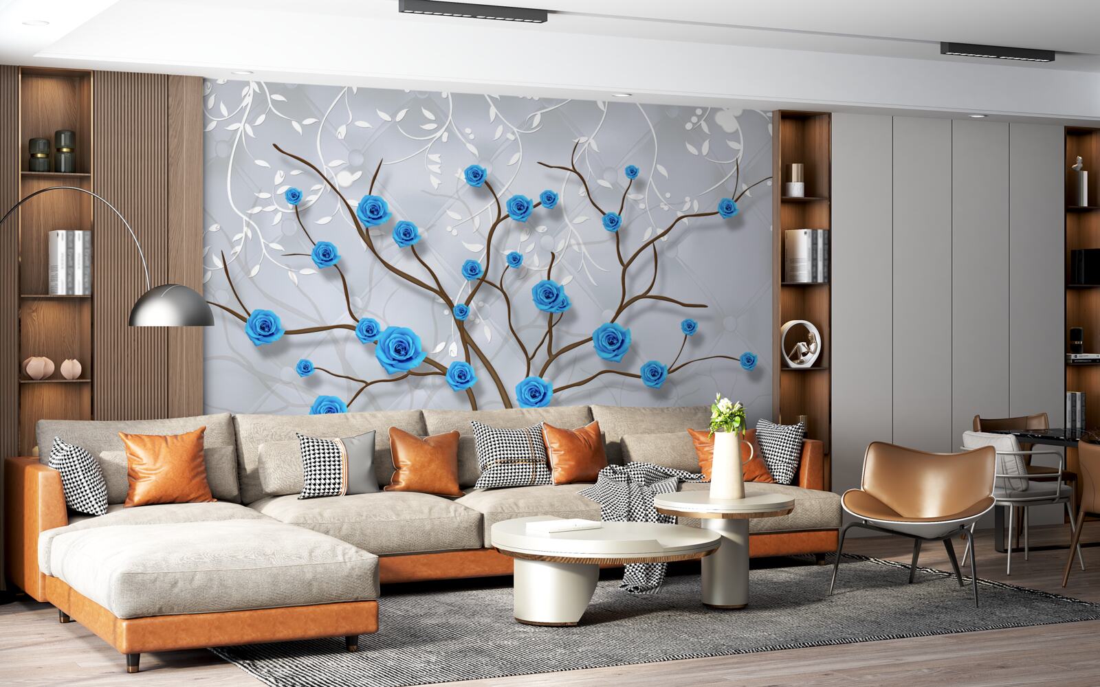 Фотошпалери рожеве дерево з блакитними квітами