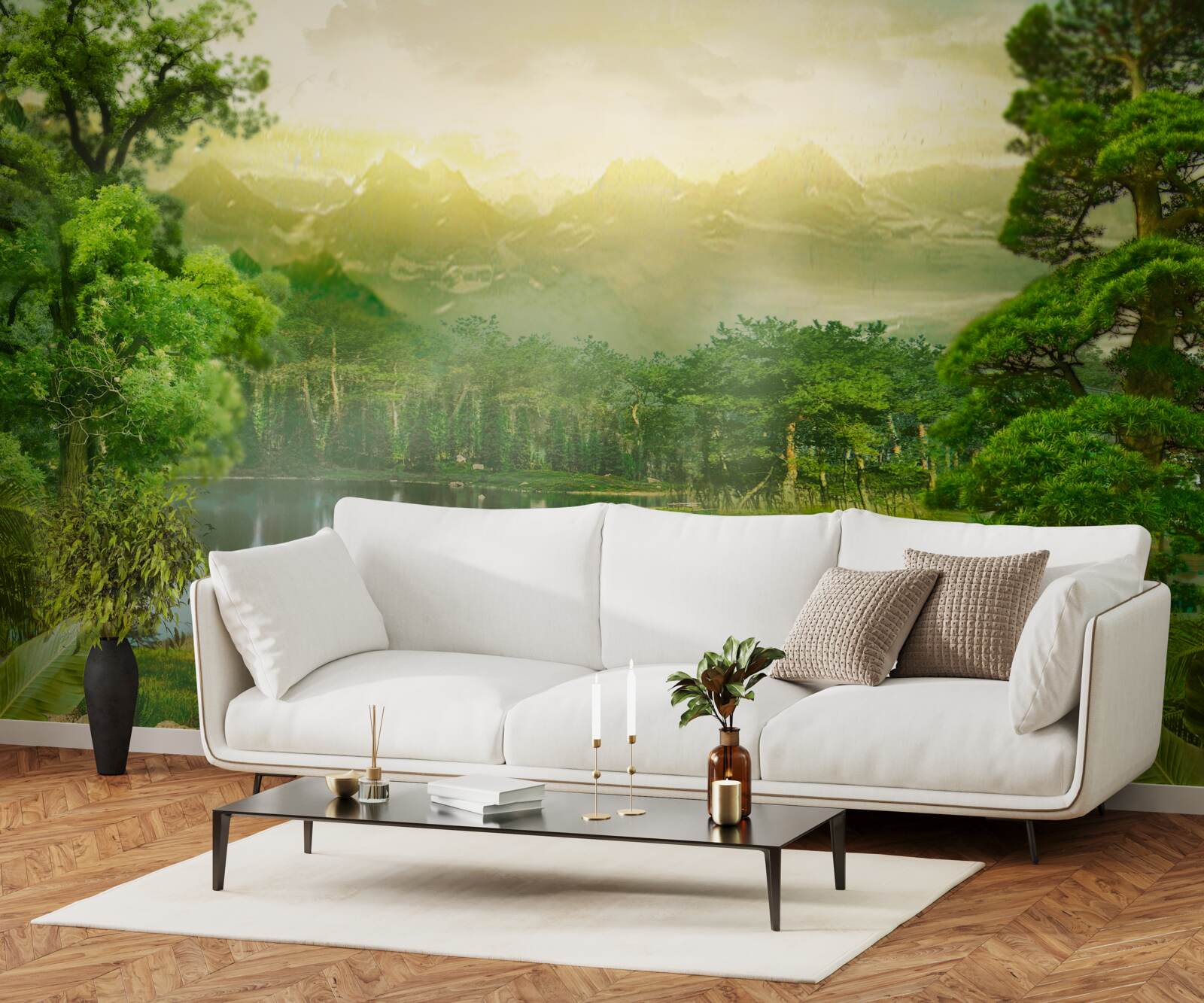 Фотошпалери зелений ліс вночі відчуває тепло сонця