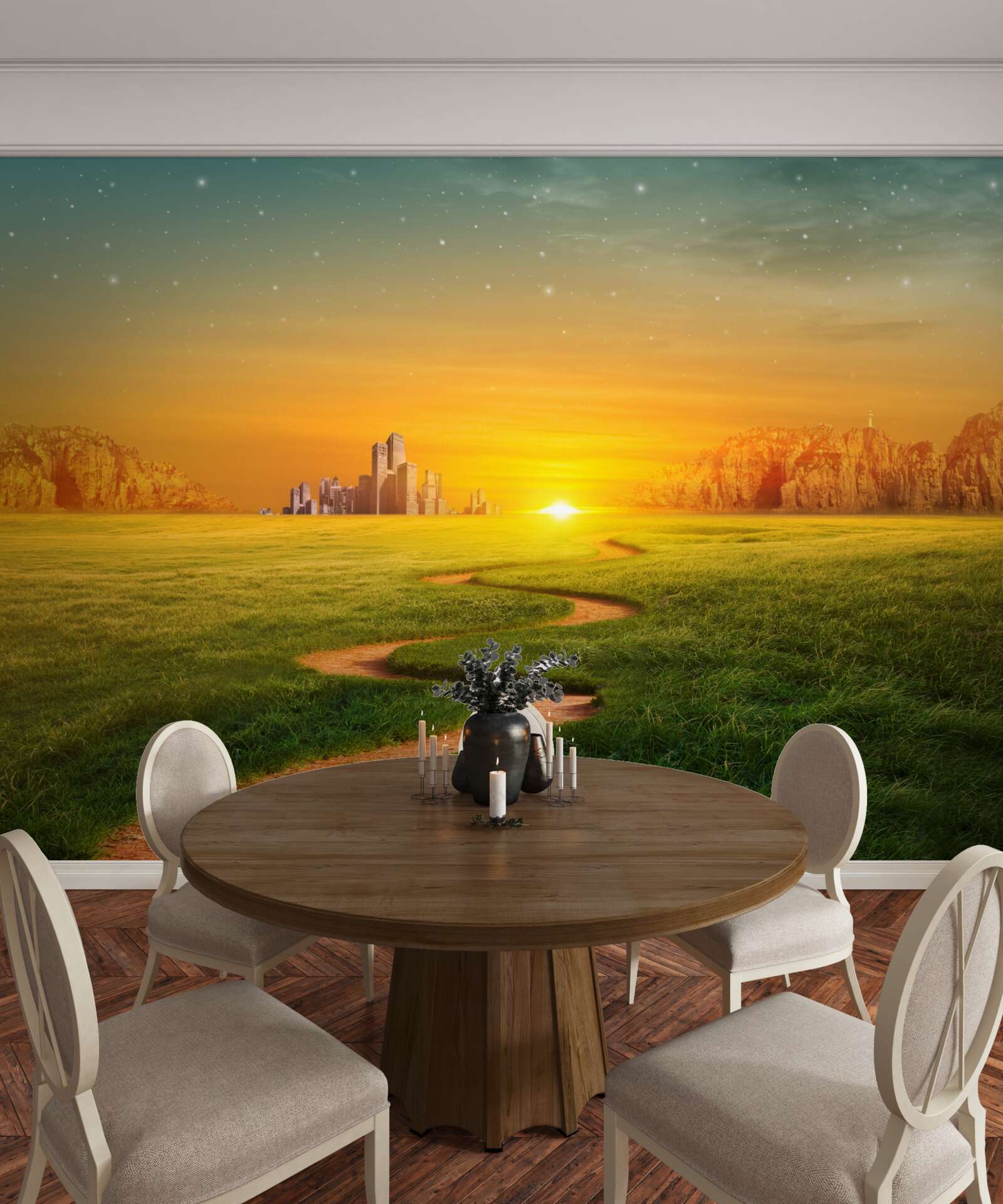 Фотошпалери захід сонця над безкраїми полями