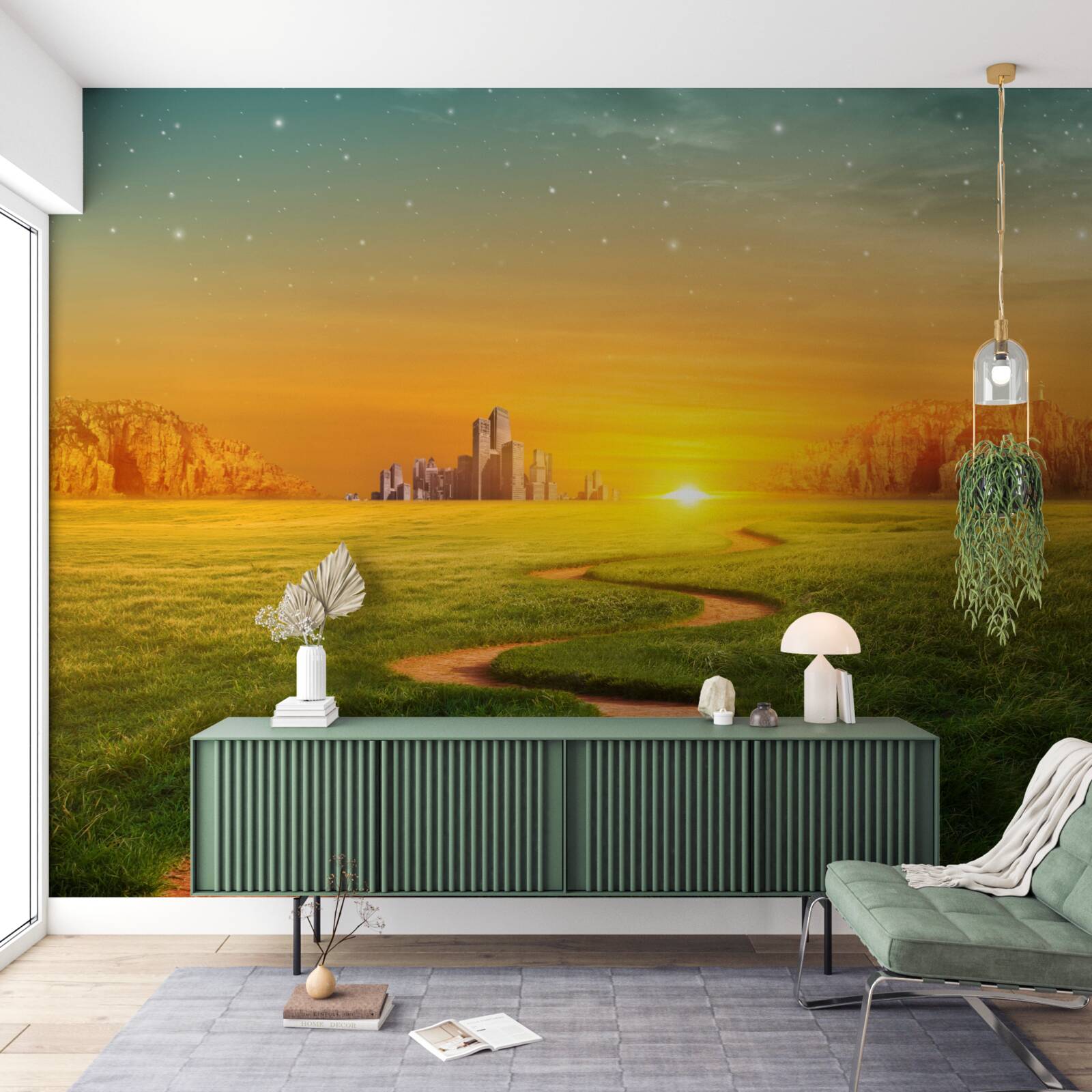 Фотошпалери захід сонця над безкраїми полями