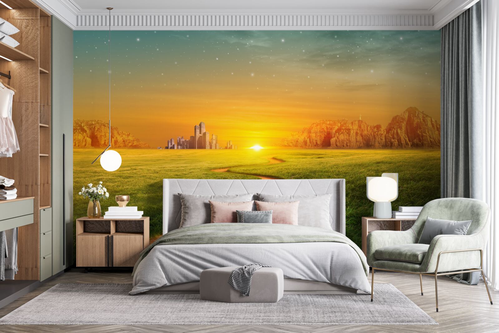 Фотошпалери захід сонця над безкраїми полями