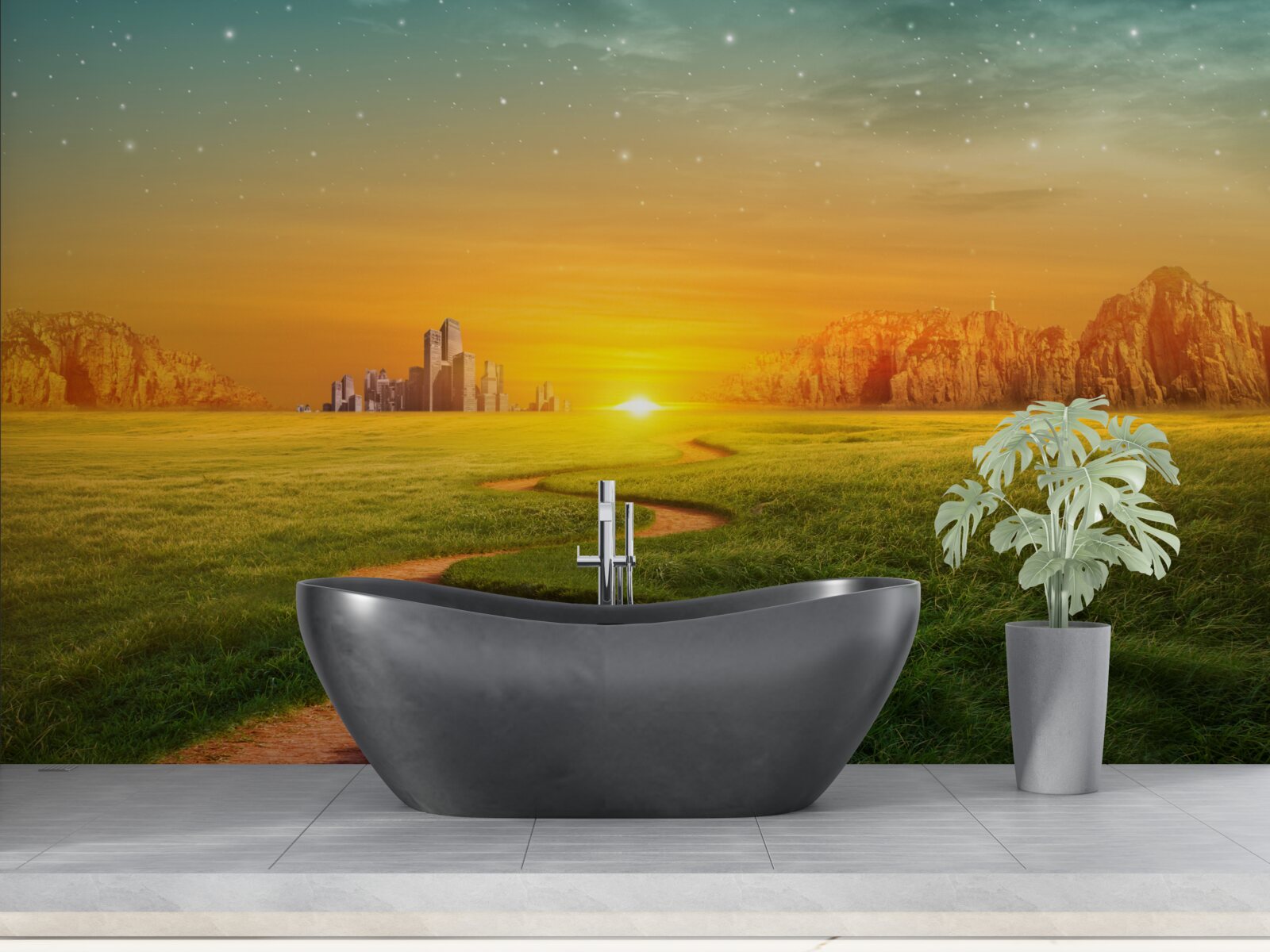 Фотошпалери захід сонця над безкраїми полями