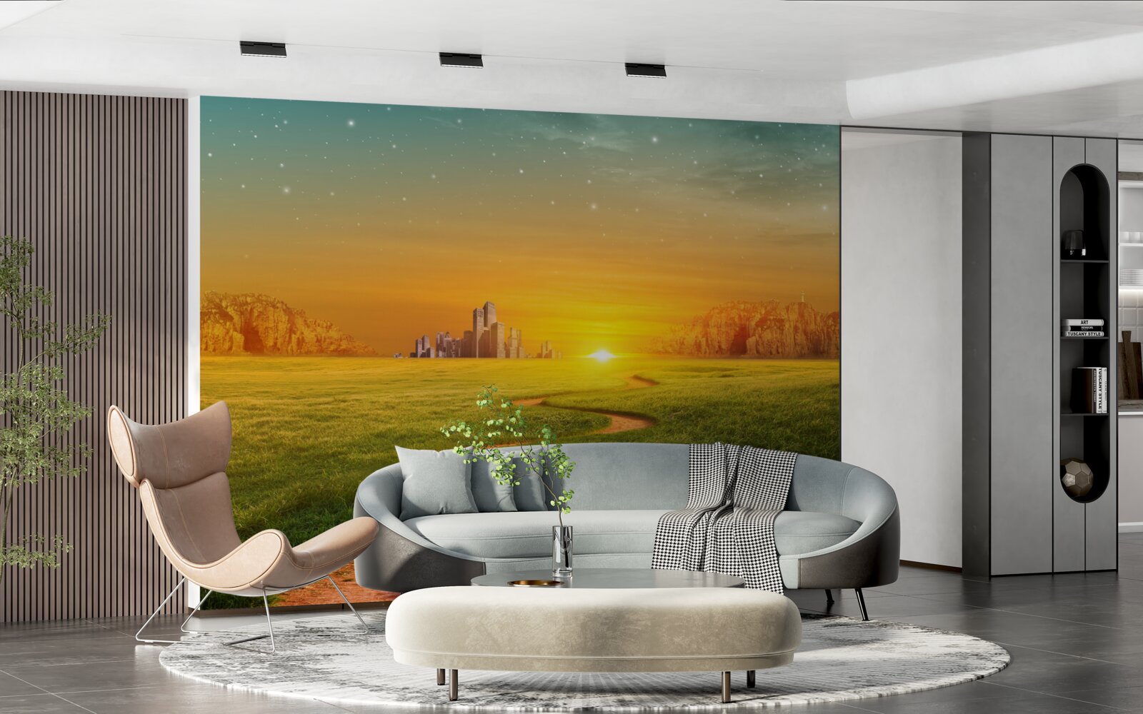 Фотошпалери захід сонця над безкраїми полями