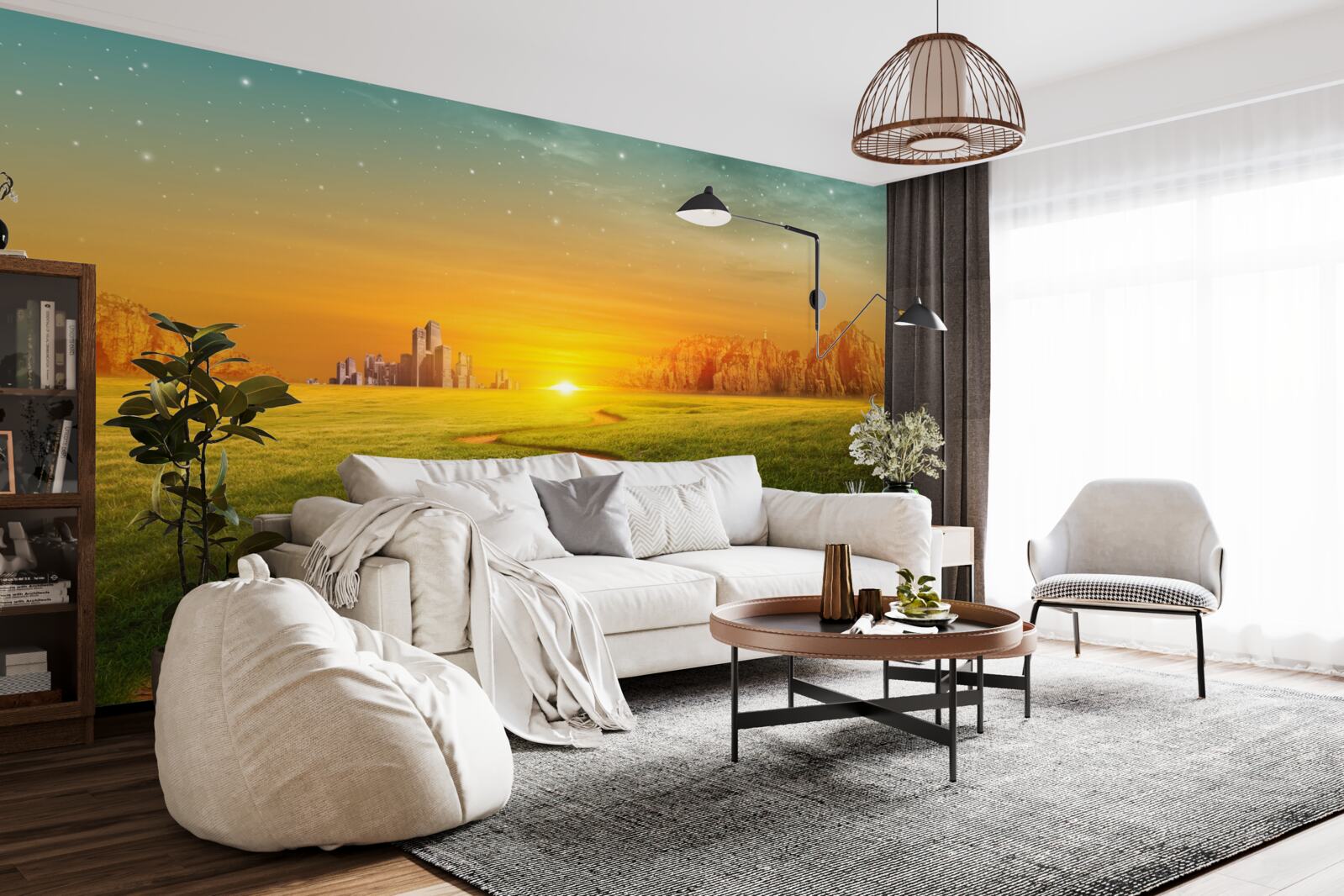 Фотошпалери захід сонця над безкраїми полями