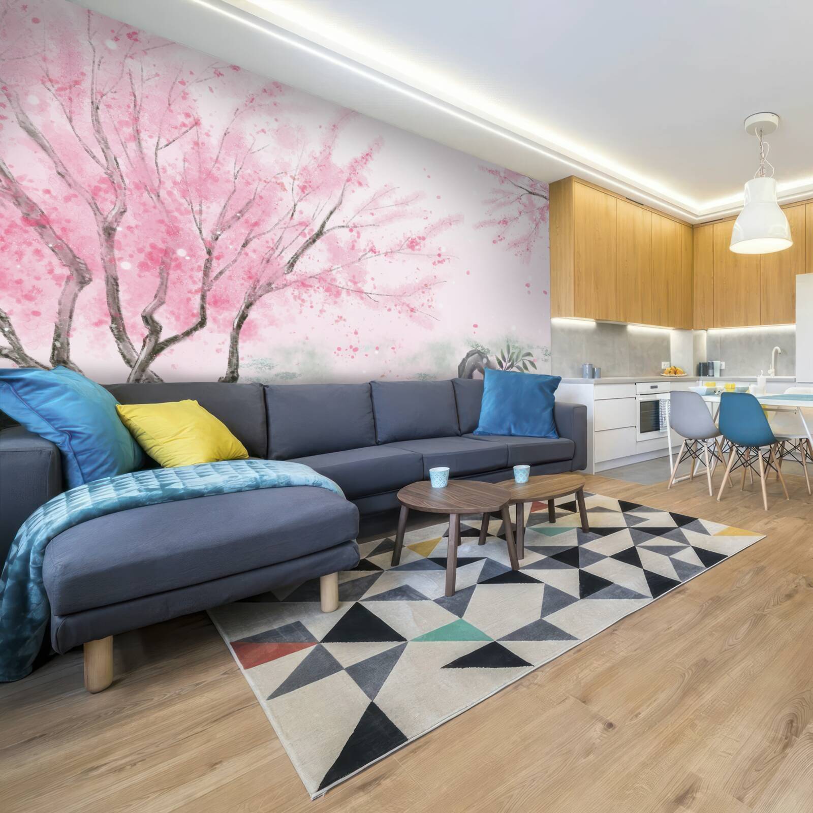 Фотошпалери сакура біля ставка пофарбована в рожевий колір