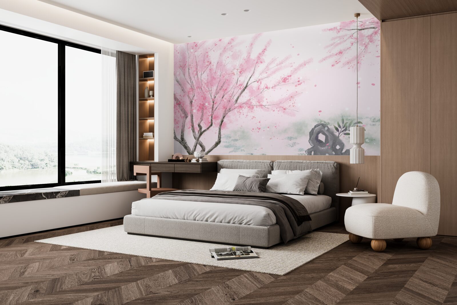 Фотошпалери сакура біля ставка пофарбована в рожевий колір