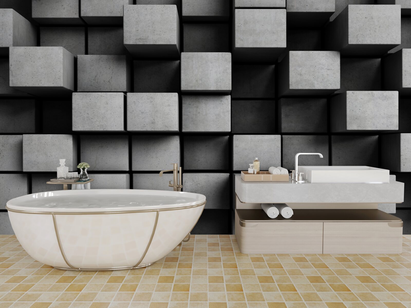 Фотошпалери горизонтальні сірі кубики