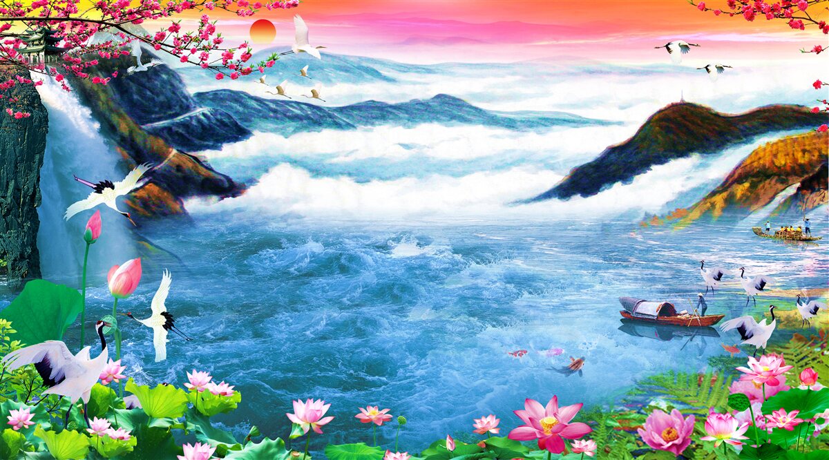 Фотошпалери на заході сонця біля підніжжя гірського водоспаду рибалять