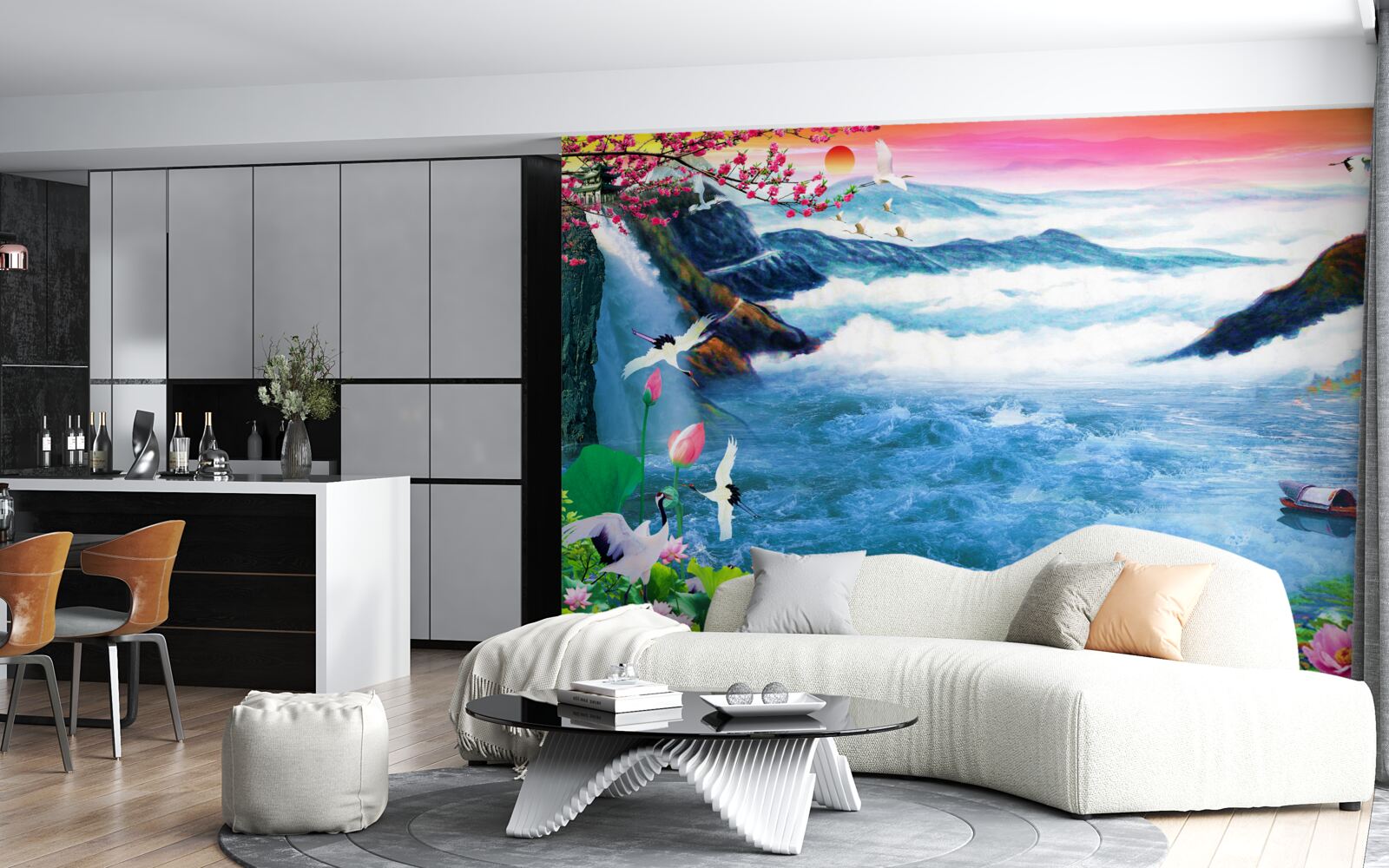 Фотошпалери на заході сонця біля підніжжя гірського водоспаду рибалять