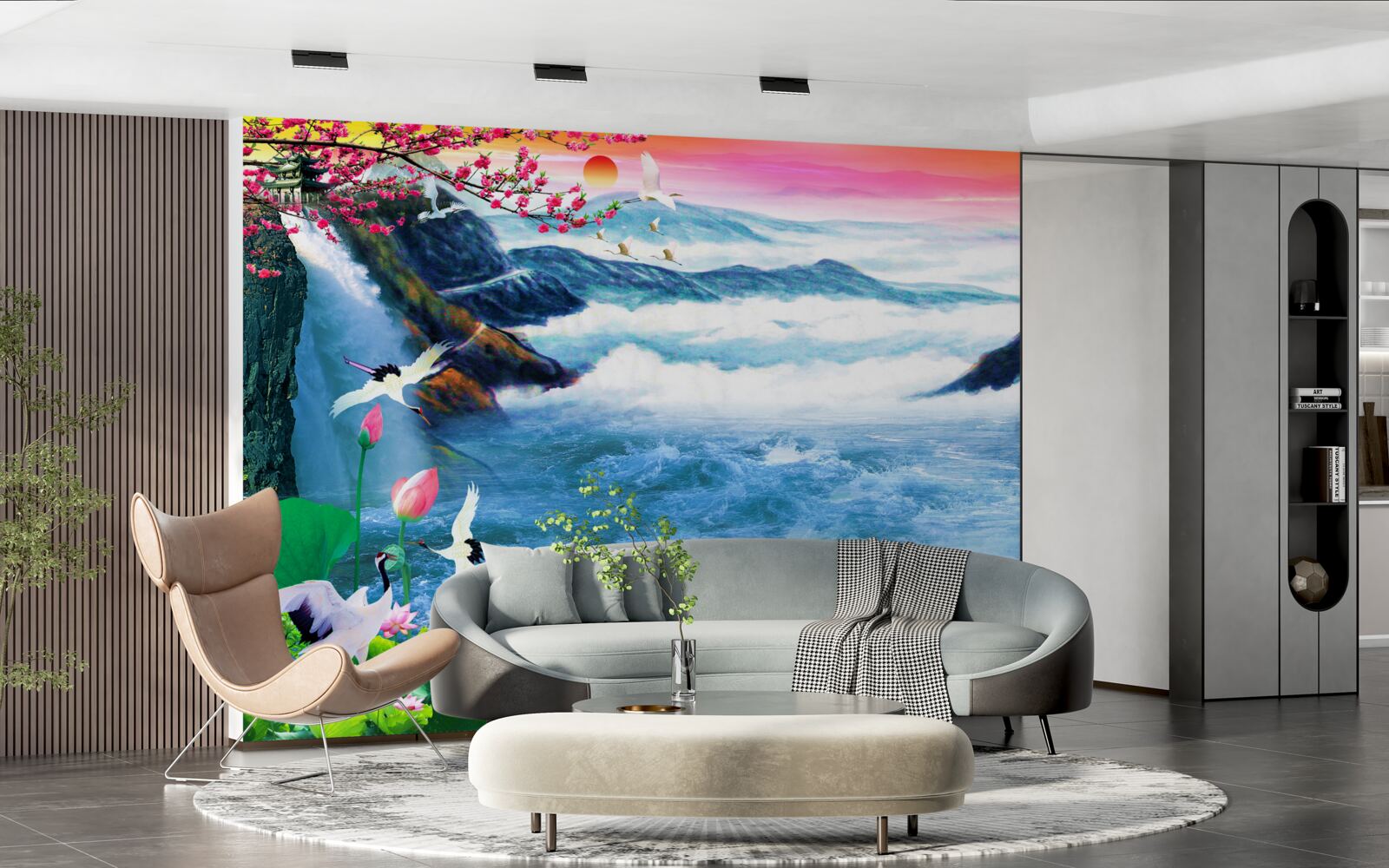 Фотошпалери на заході сонця біля підніжжя гірського водоспаду рибалять