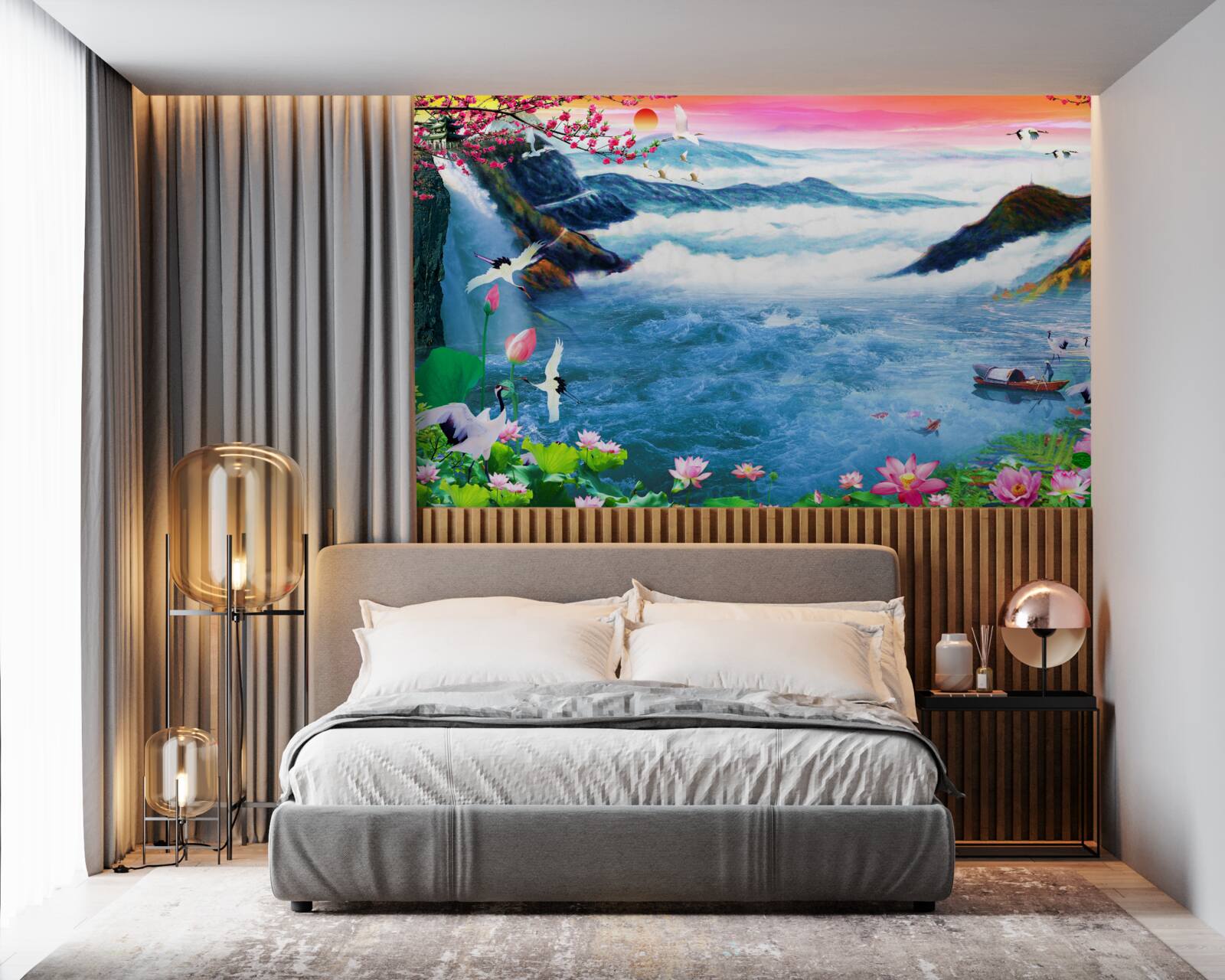 Фотошпалери на заході сонця біля підніжжя гірського водоспаду рибалять