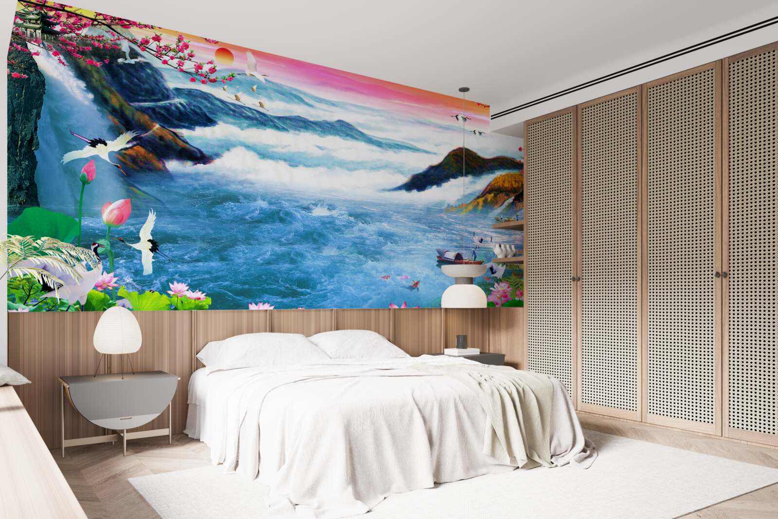 Фотошпалери на заході сонця біля підніжжя гірського водоспаду рибалять