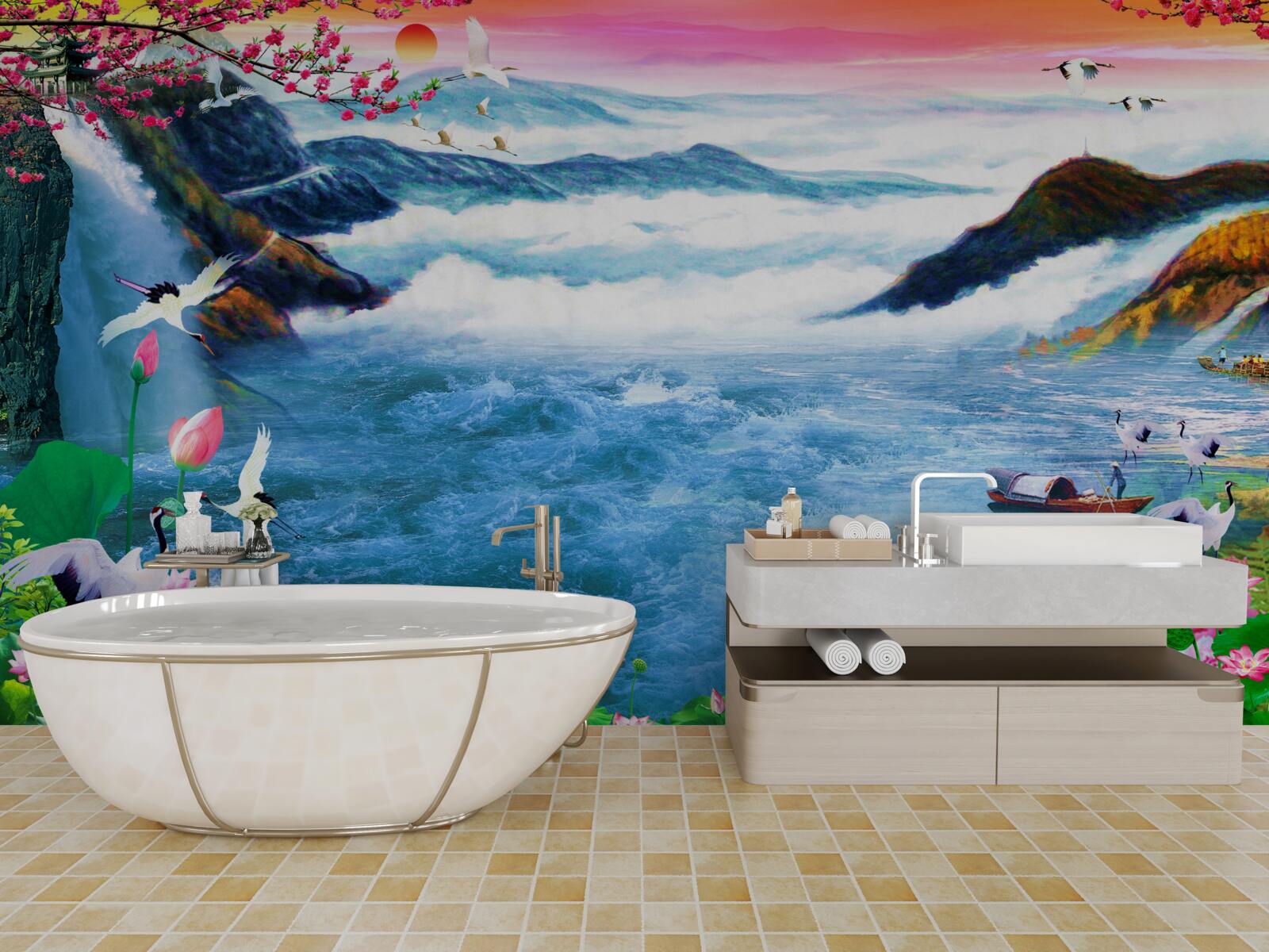 Фотошпалери на заході сонця біля підніжжя гірського водоспаду рибалять